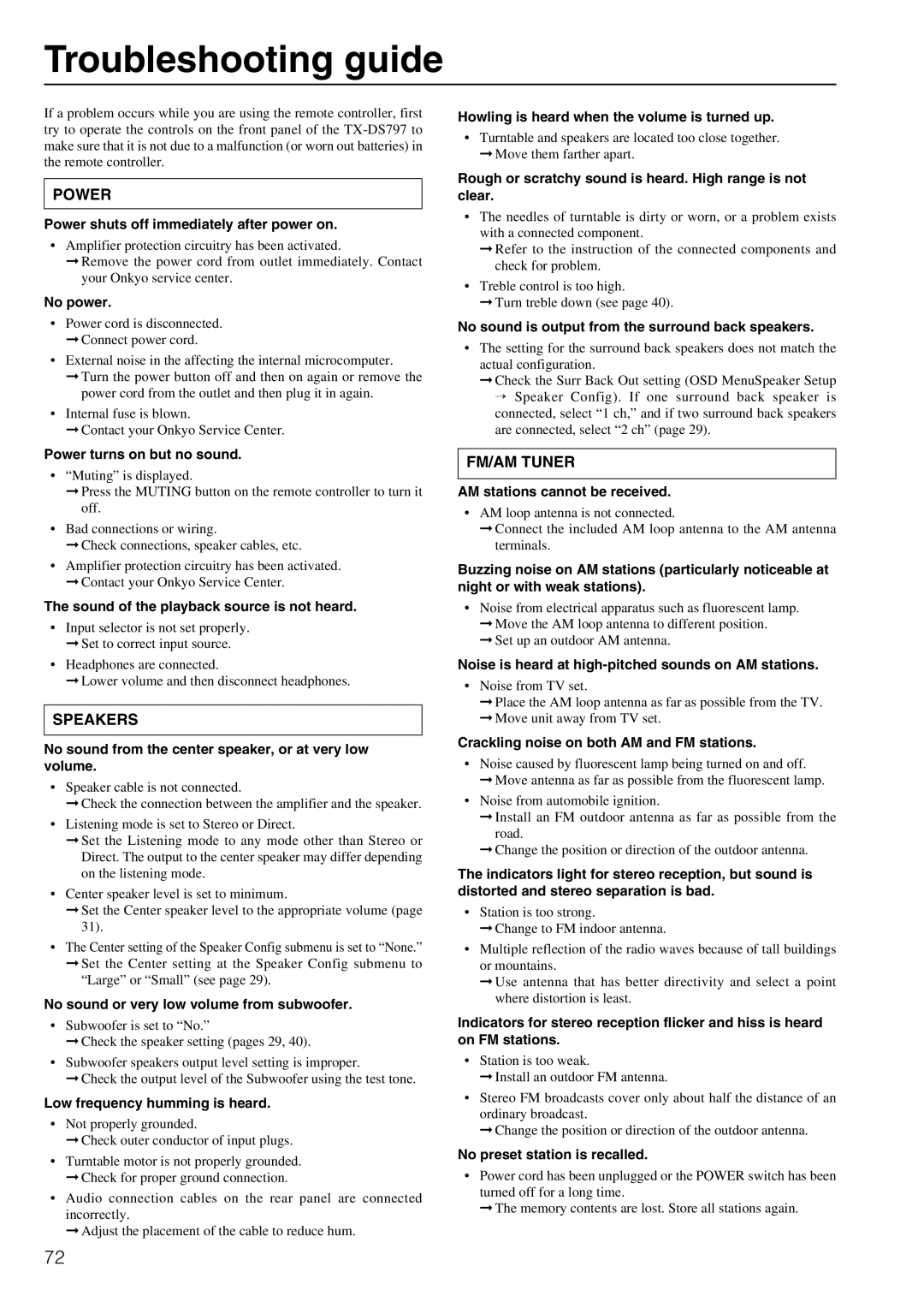 Onkyo TX-DS797 instruction manual Troubleshooting guide 