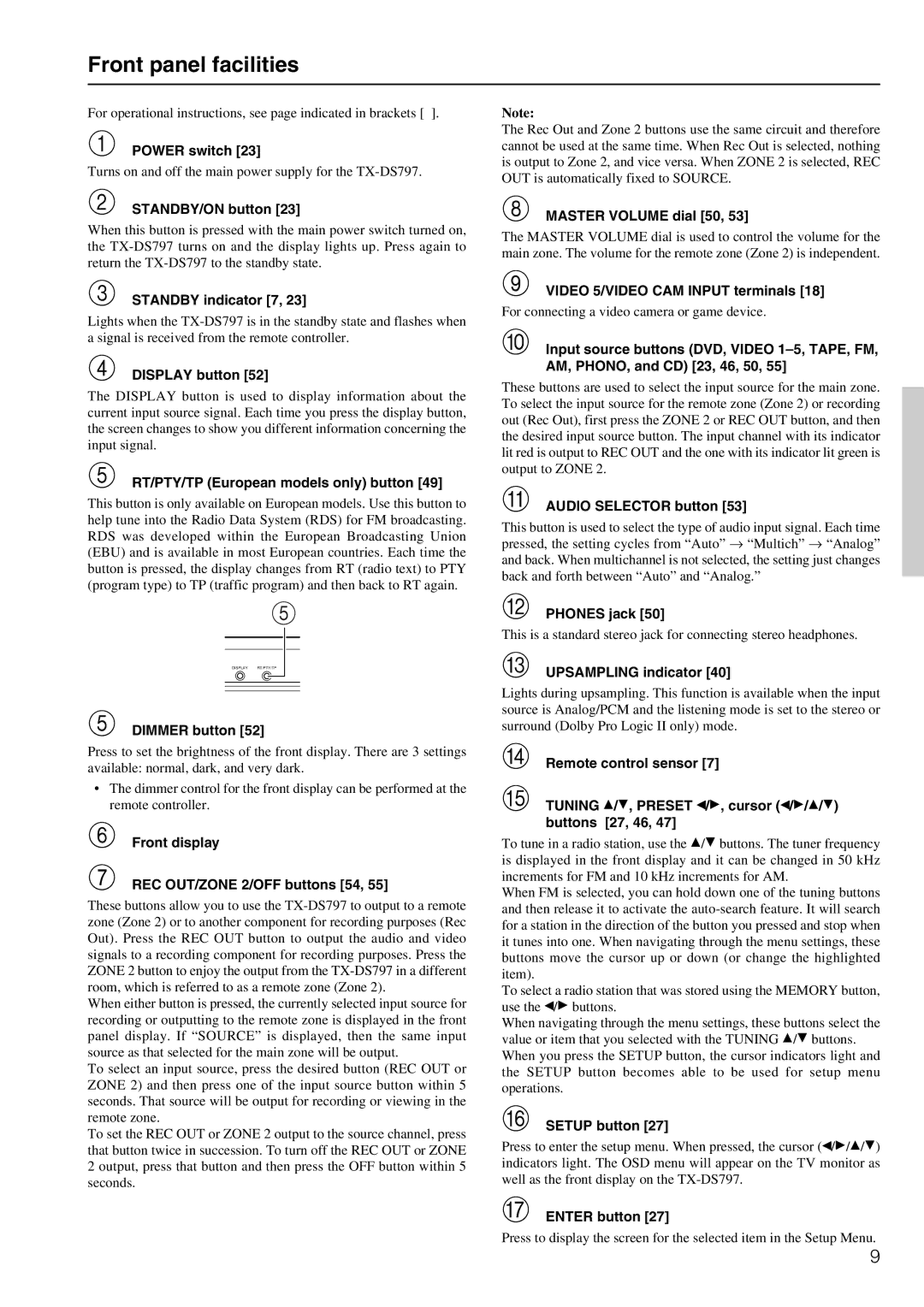 Onkyo TX-DS797 instruction manual Front panel facilities 