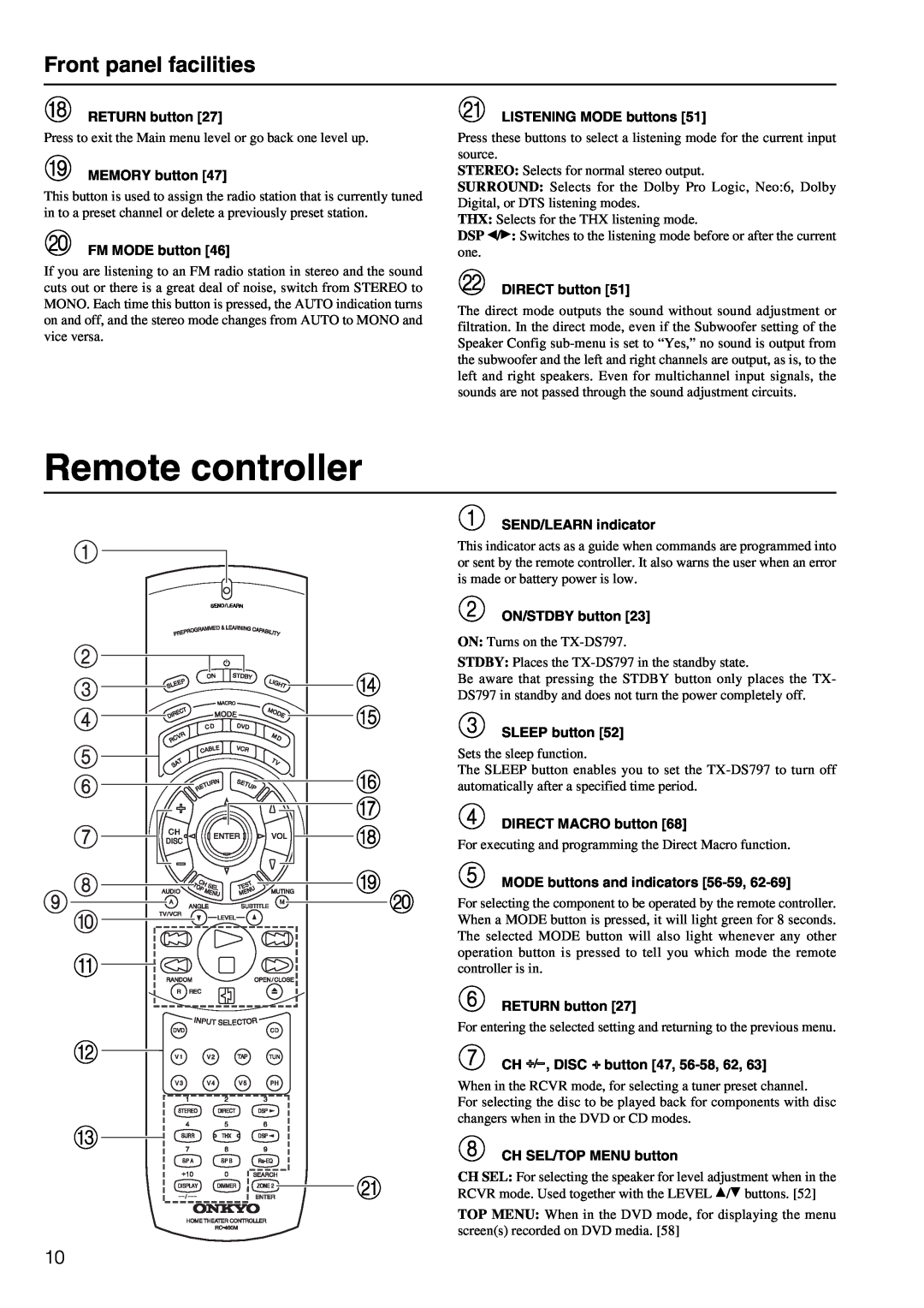 Onkyo TX-DS797 instruction manual Remote controller, Front panel facilities 