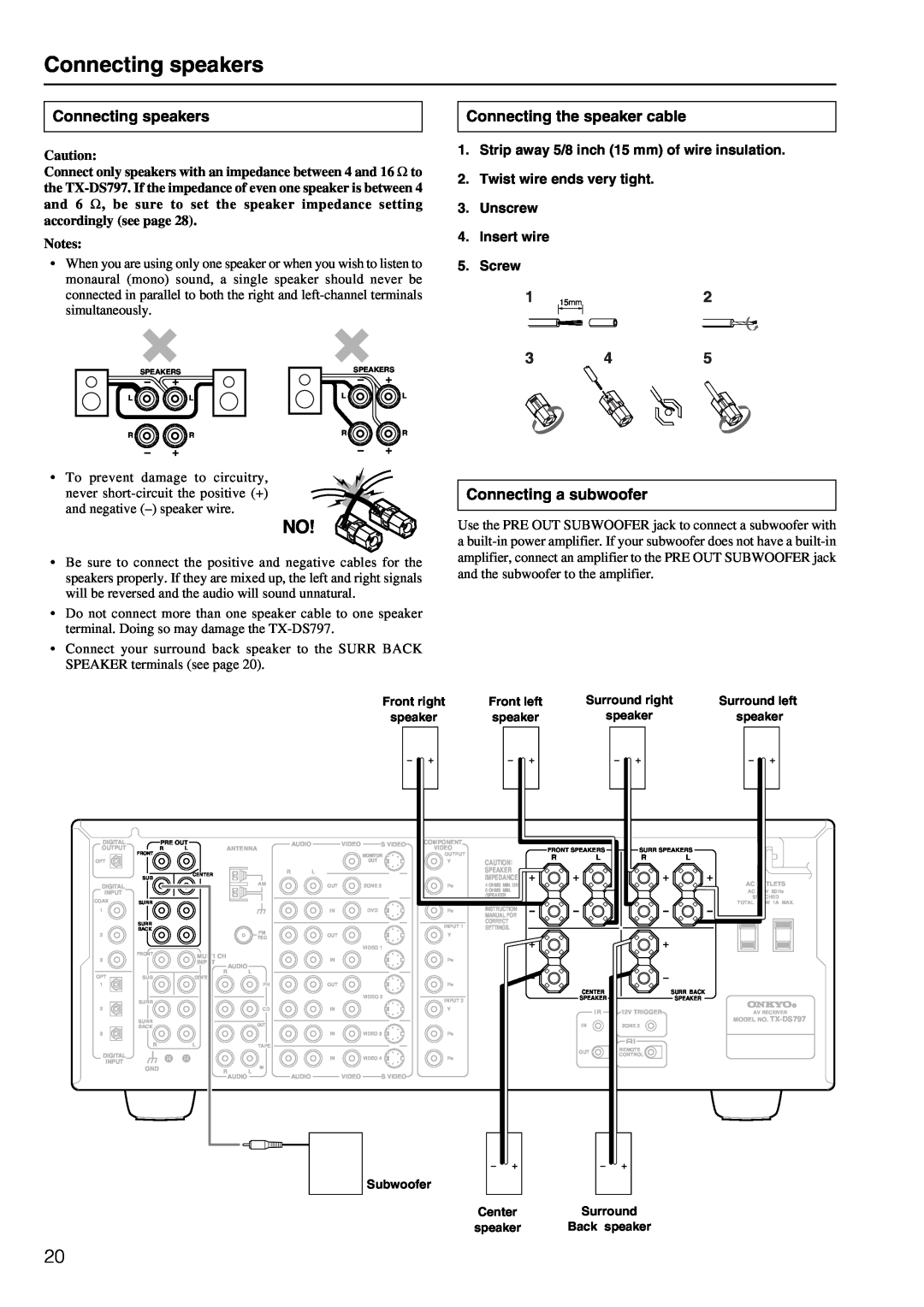 Onkyo TX-DS797 instruction manual Connecting speakers, Connecting the speaker cable, Connecting a subwoofer 