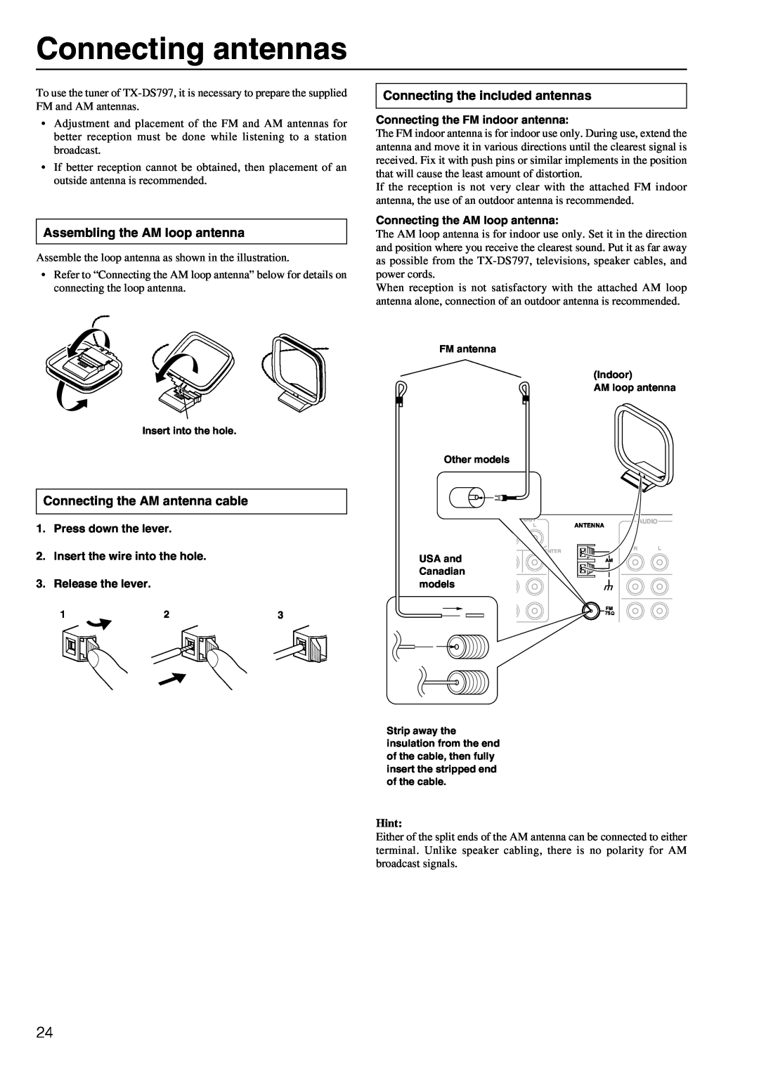 Onkyo TX-DS797 instruction manual Connecting antennas, Assembling the AM loop antenna, Connecting the included antennas 