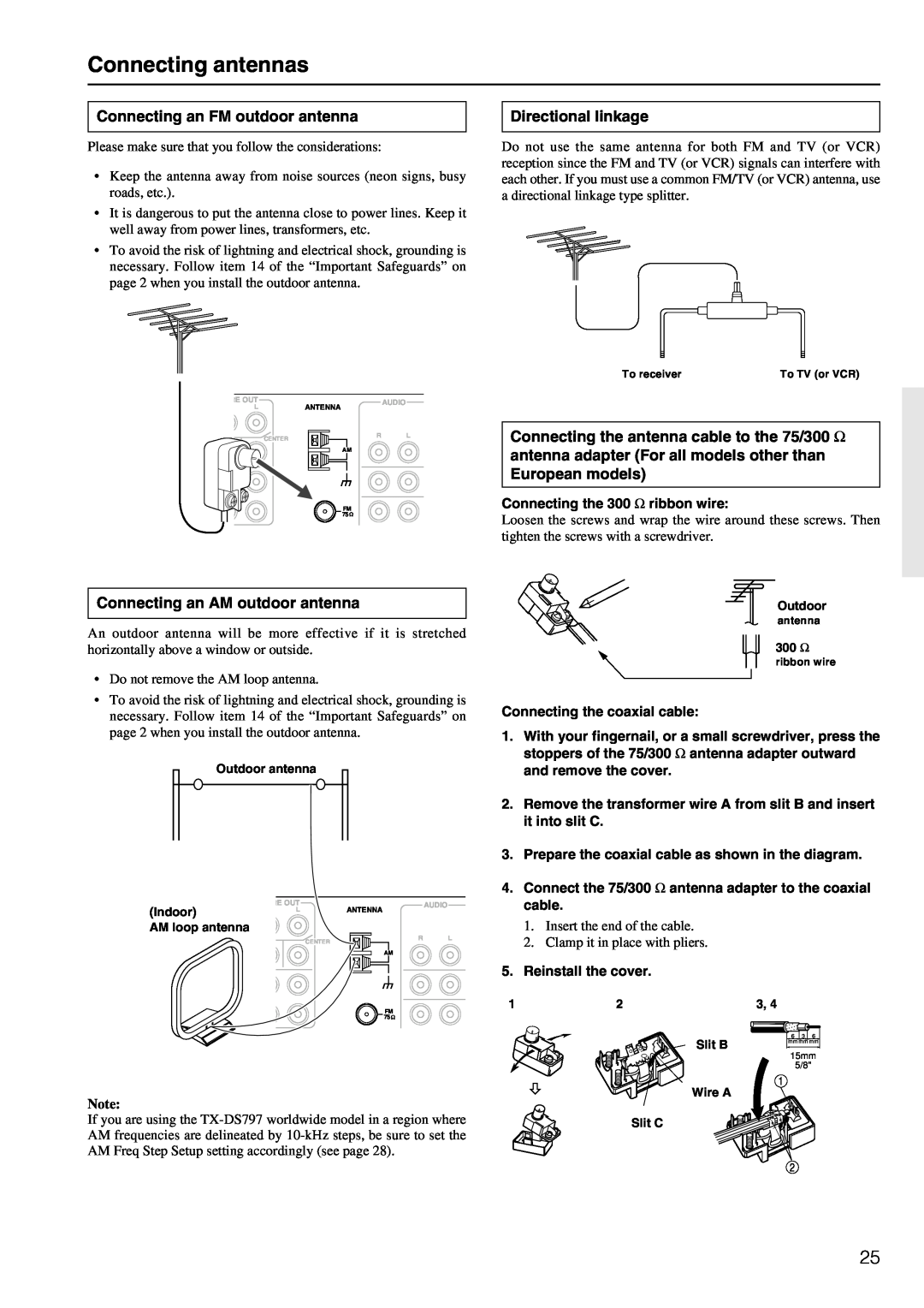 Onkyo TX-DS797 instruction manual Connecting antennas, Connecting an FM outdoor antenna, Directional linkage 