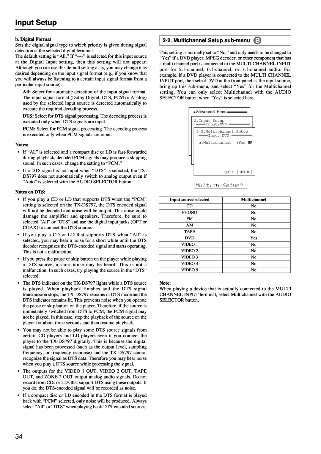 Onkyo TX-DS797 instruction manual Input Setup, Multichannel Setup sub-menu 