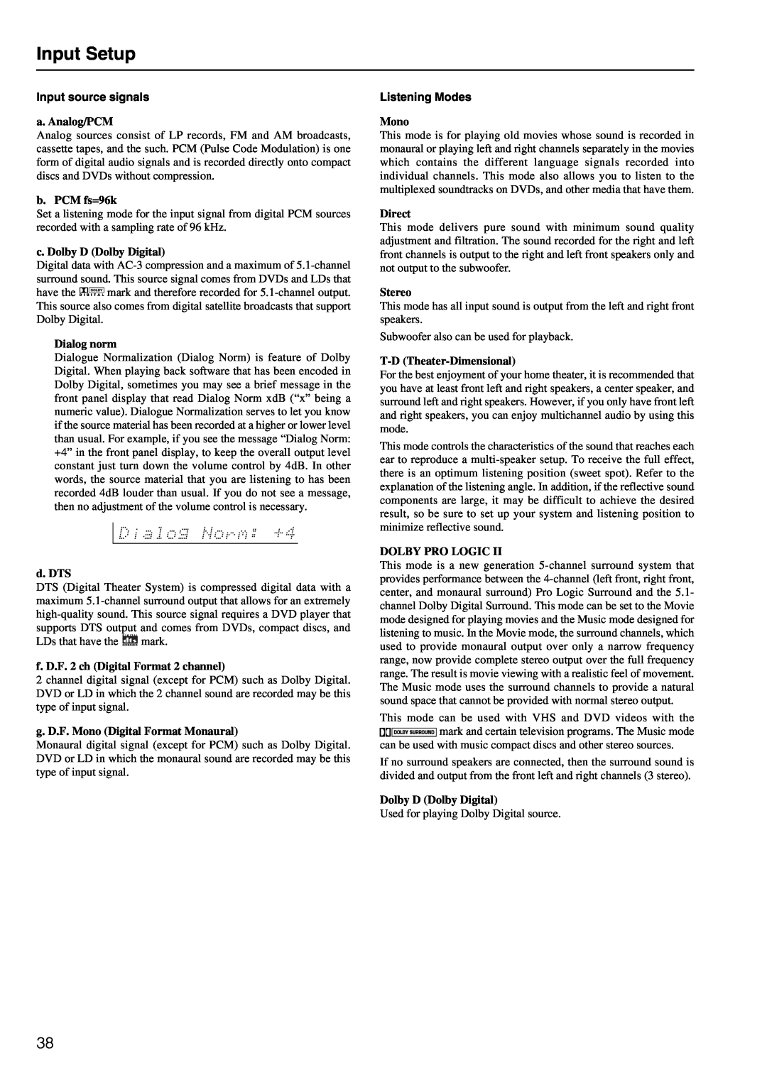 Onkyo TX-DS797 instruction manual Input Setup, a. Analog/PCM 