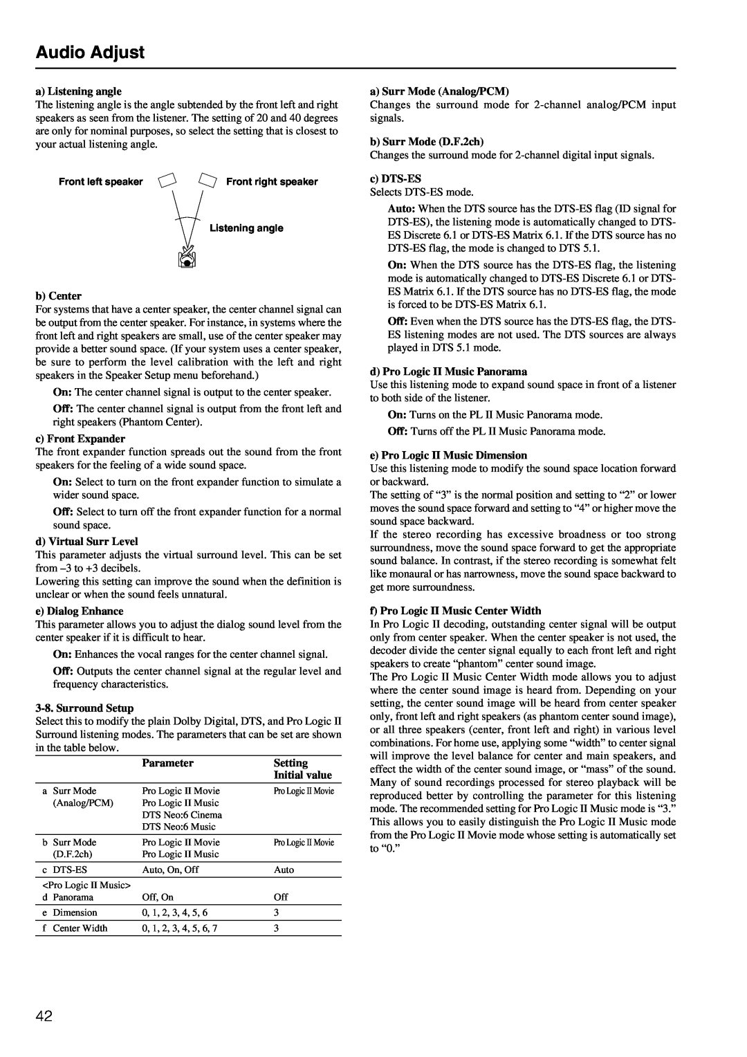 Onkyo TX-DS797 instruction manual Audio Adjust, a Listening angle 