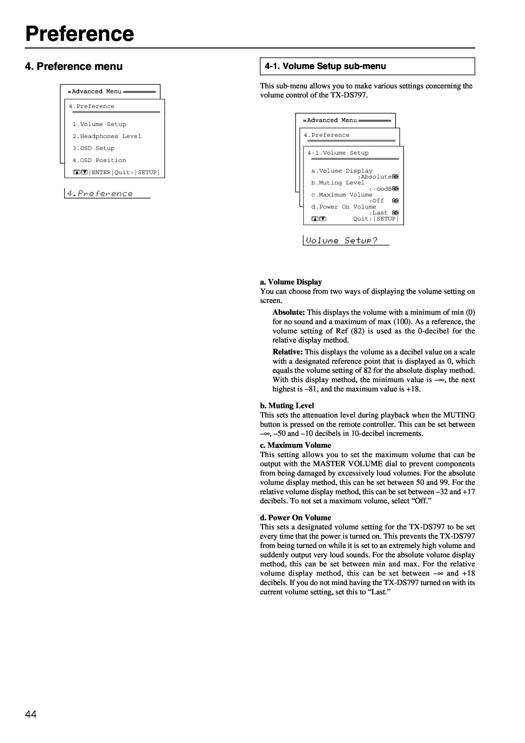 Onkyo TX-DS797 instruction manual Preference menu, Volume Setup sub-menu 