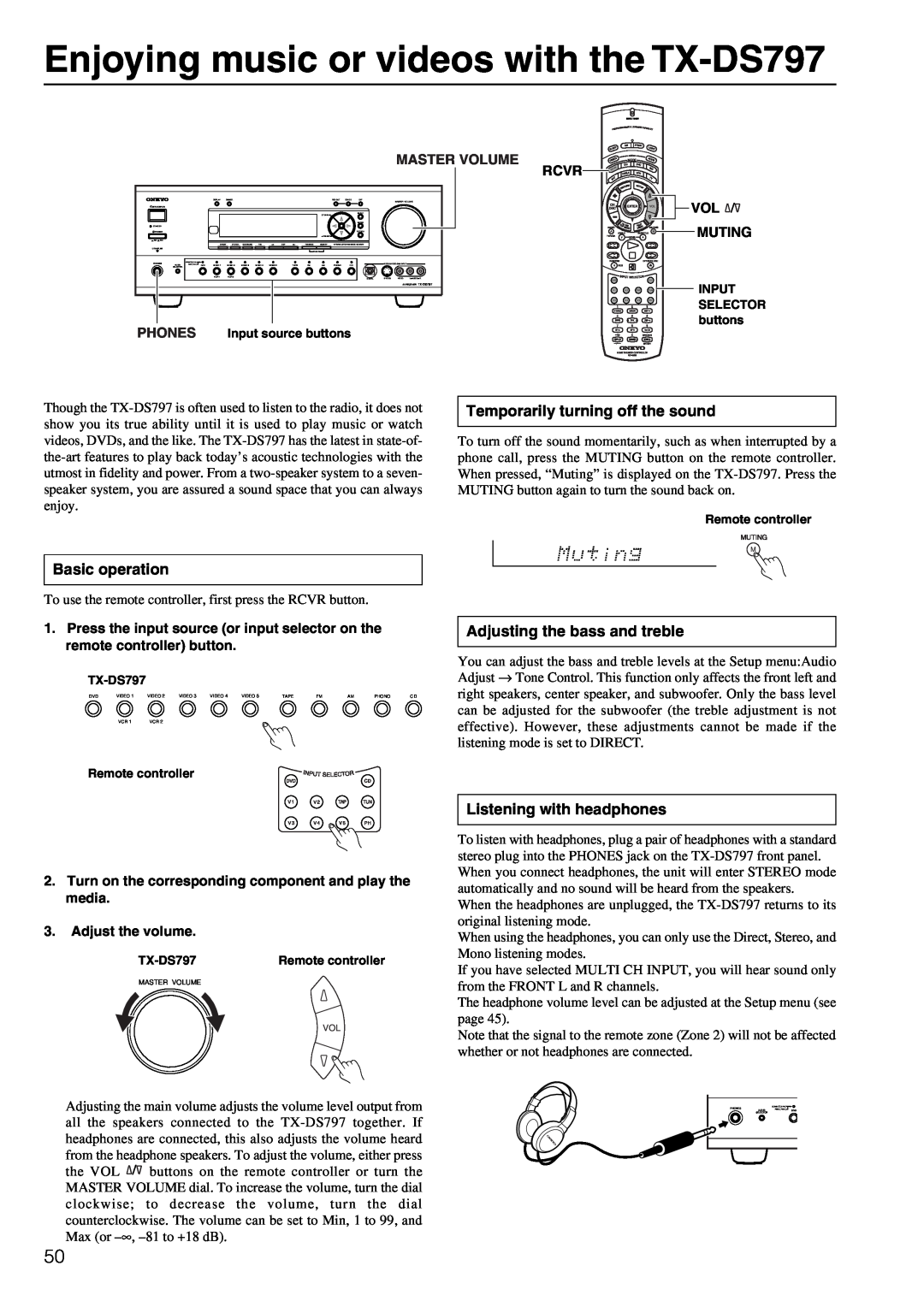 Onkyo instruction manual Enjoying music or videos with the TX-DS797, Temporarily turning off the sound, Basic operation 
