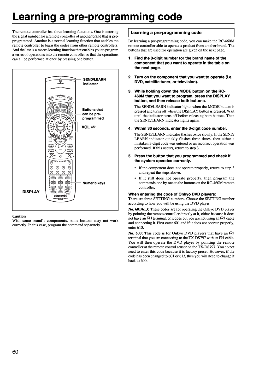 Onkyo TX-DS797 instruction manual Learning a pre-programmingcode 