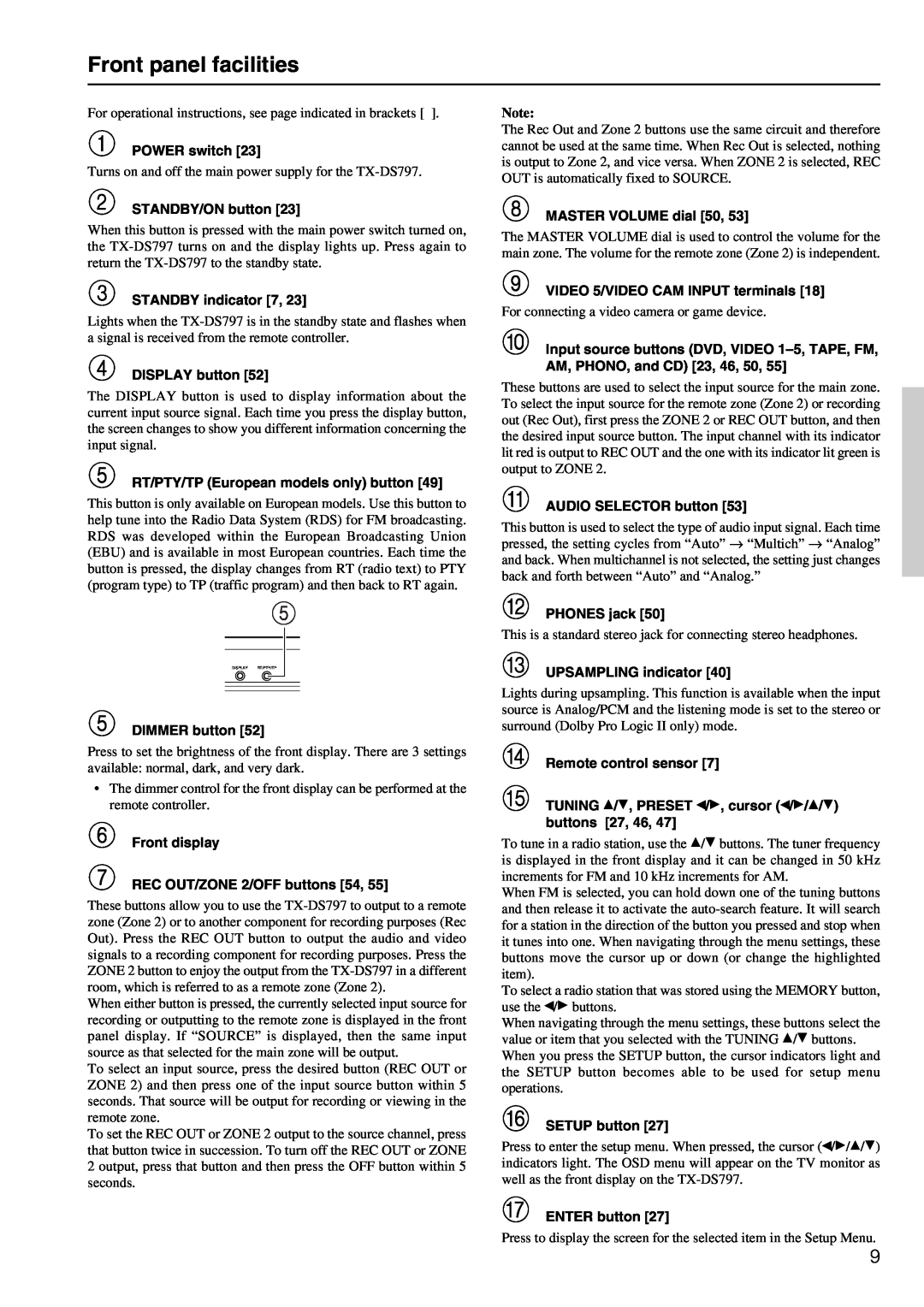 Onkyo TX-DS797 instruction manual Front panel facilities 