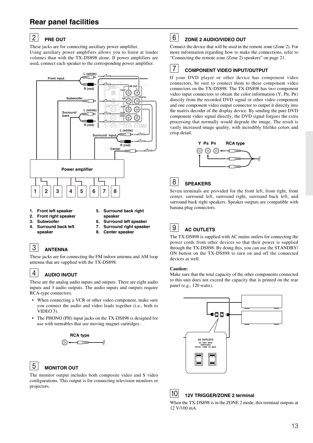 Onkyo TX-DS898 instruction manual Rear panel facilities, 3 4 