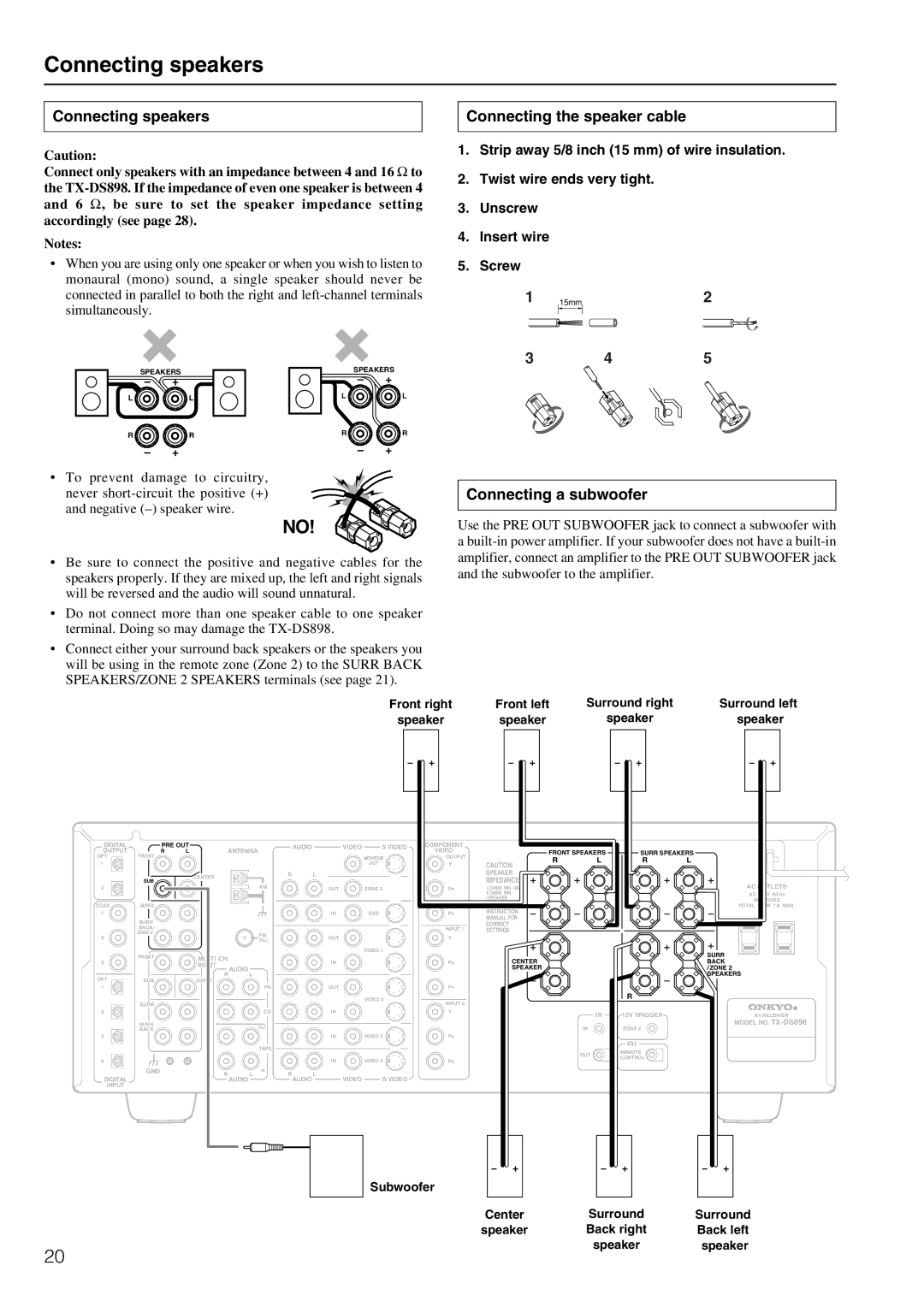 Onkyo TX-DS898 instruction manual Connecting speakers, Connecting the speaker cable, Connecting a subwoofer 