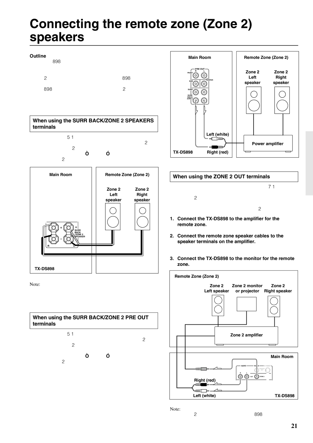 Onkyo TX-DS898 Connecting the remote zone Zone 2 speakers, When using the Surr BACK/ZONE 2 Speakers terminals 