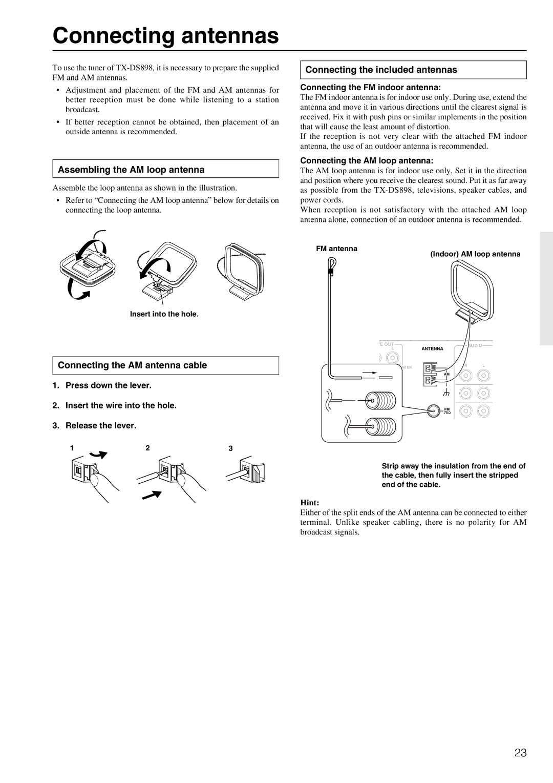 Onkyo TX-DS898 instruction manual Connecting antennas, Assembling the AM loop antenna, Connecting the included antennas 