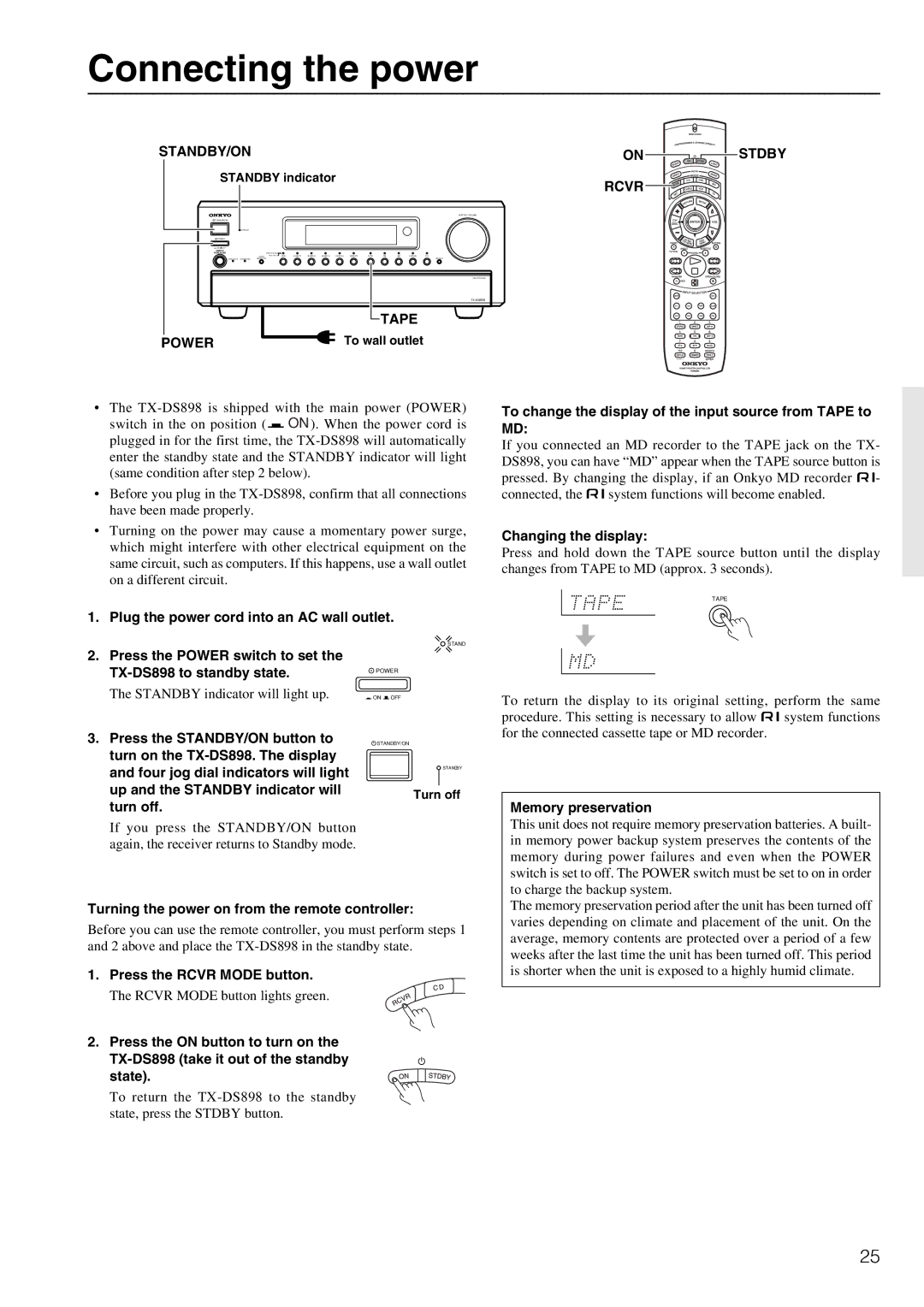 Onkyo TX-DS898 instruction manual Connecting the power, STANDBY/ON Stdby, Rcvr, Power, Tape 