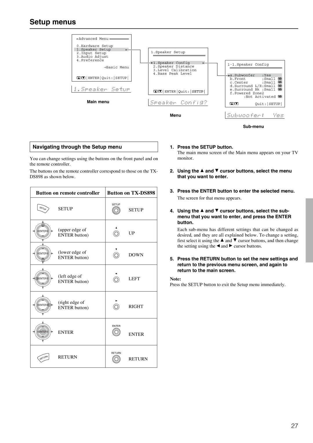 Onkyo TX-DS898 instruction manual Setup menus, Navigating through the Setup menu, Press the Setup button 