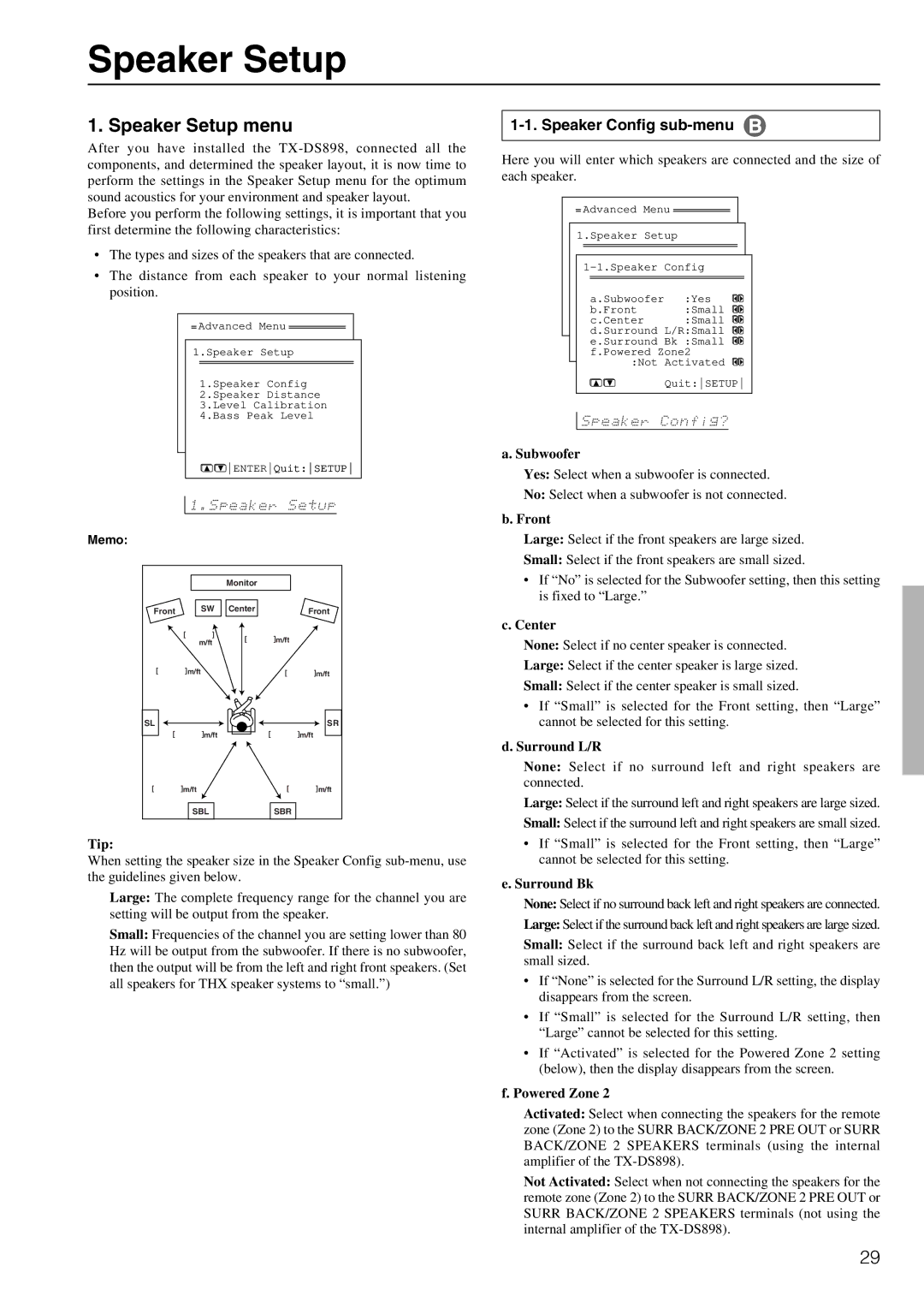 Onkyo TX-DS898 instruction manual Speaker Setup menu, Speaker Config sub-menu 