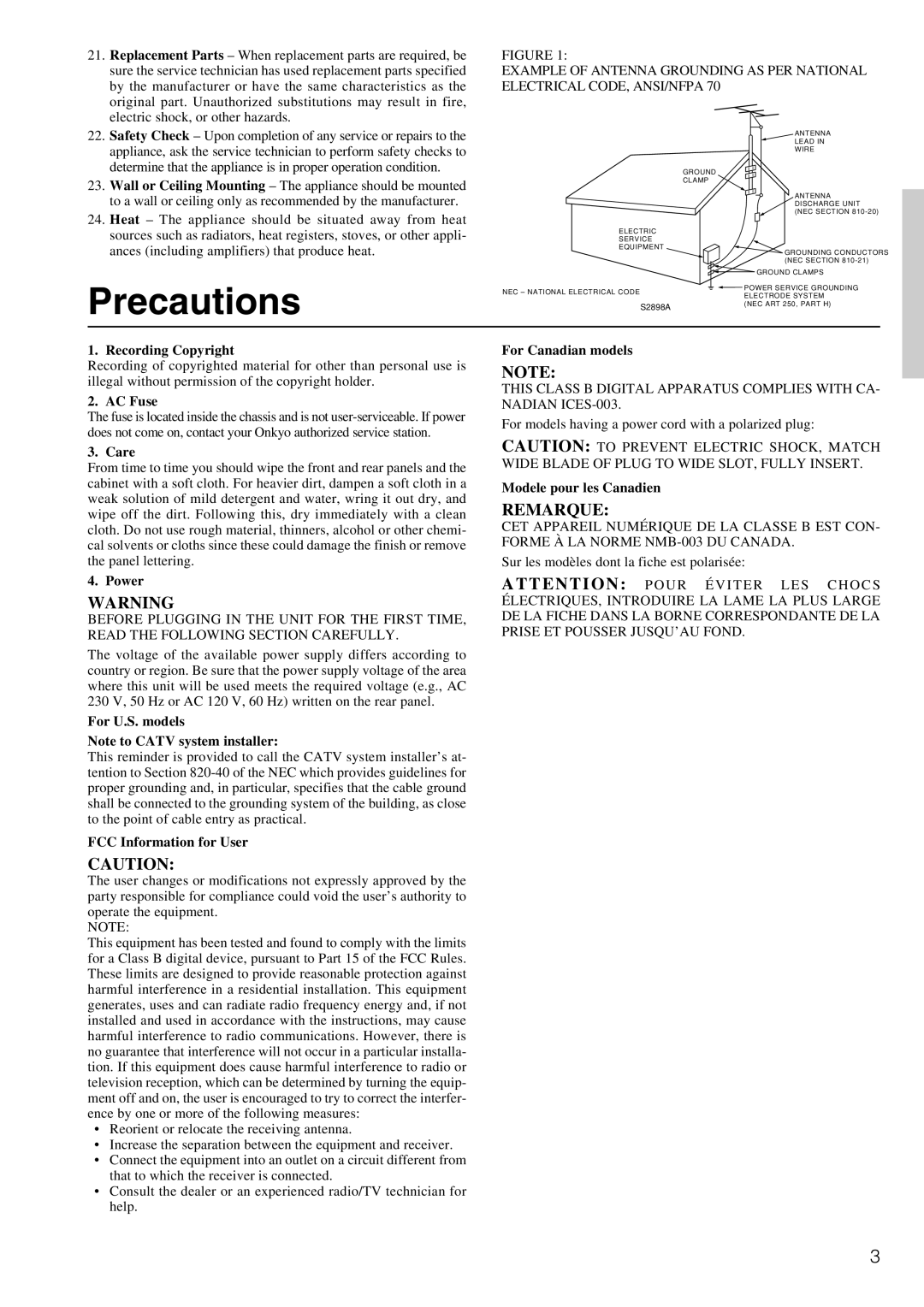 Onkyo TX-DS898 instruction manual Precautions 