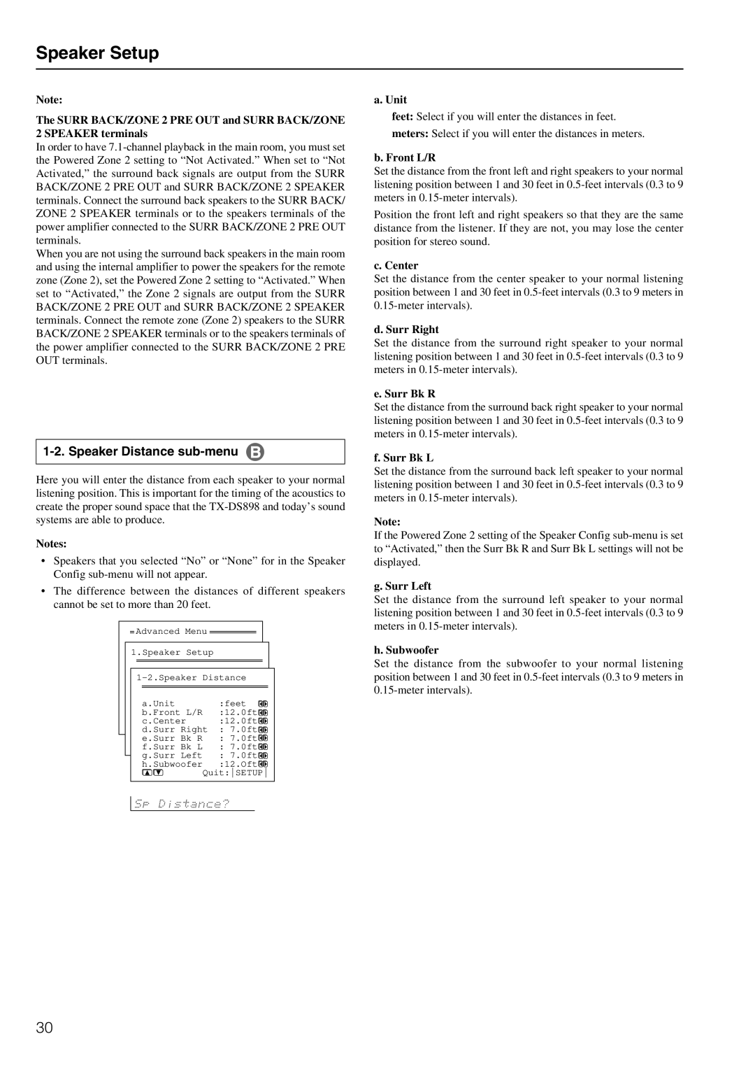 Onkyo TX-DS898 instruction manual Speaker Setup, Speaker Distance sub-menu 