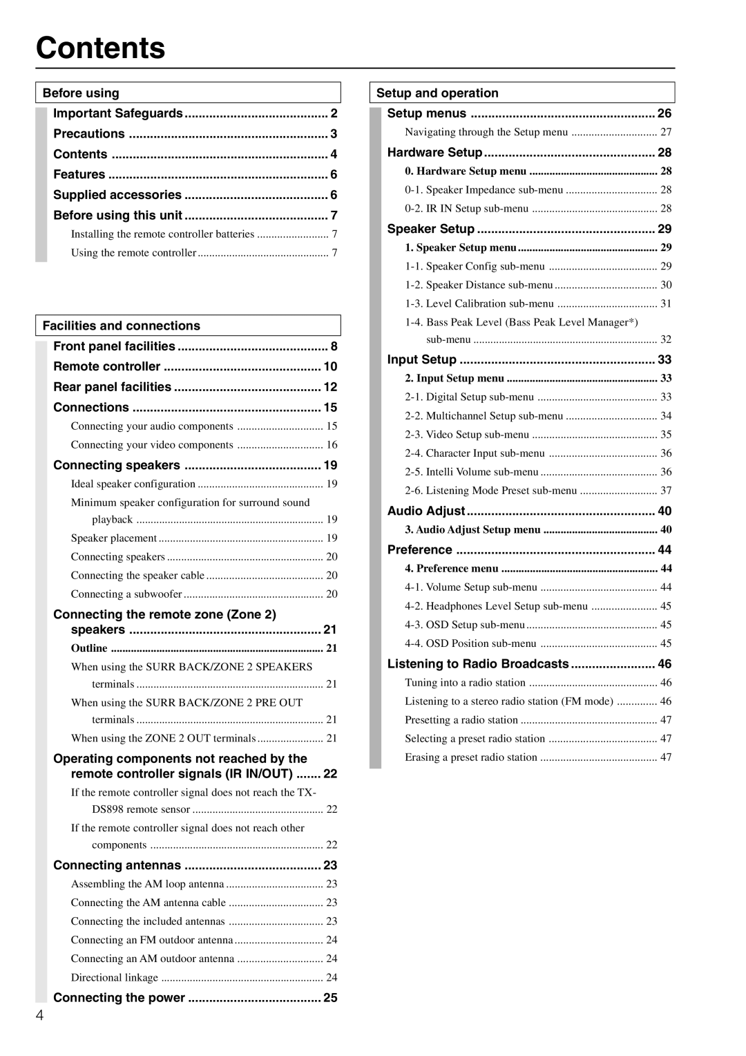 Onkyo TX-DS898 instruction manual Contents 