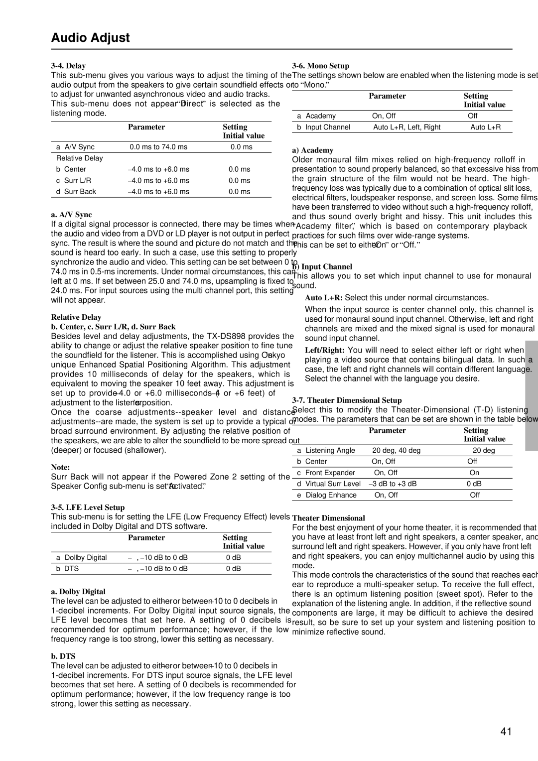 Onkyo TX-DS898 instruction manual Audio Adjust 