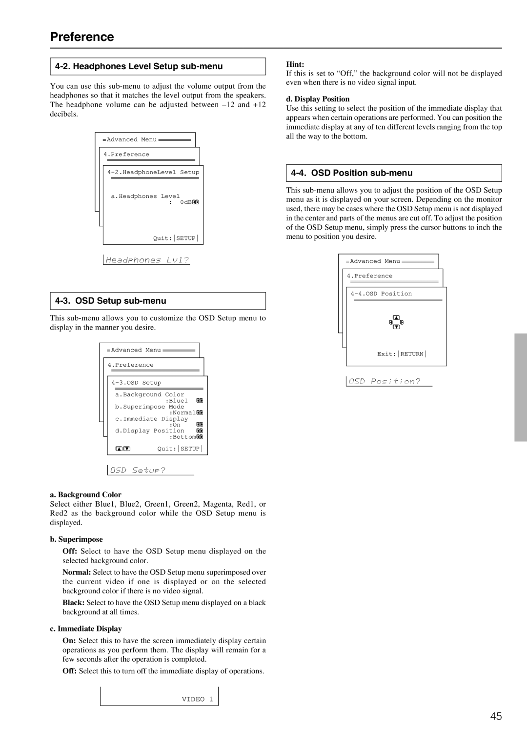 Onkyo TX-DS898 instruction manual Preference, Headphones Level Setup sub-menu, OSD Setup sub-menu, OSD Position sub-menu 