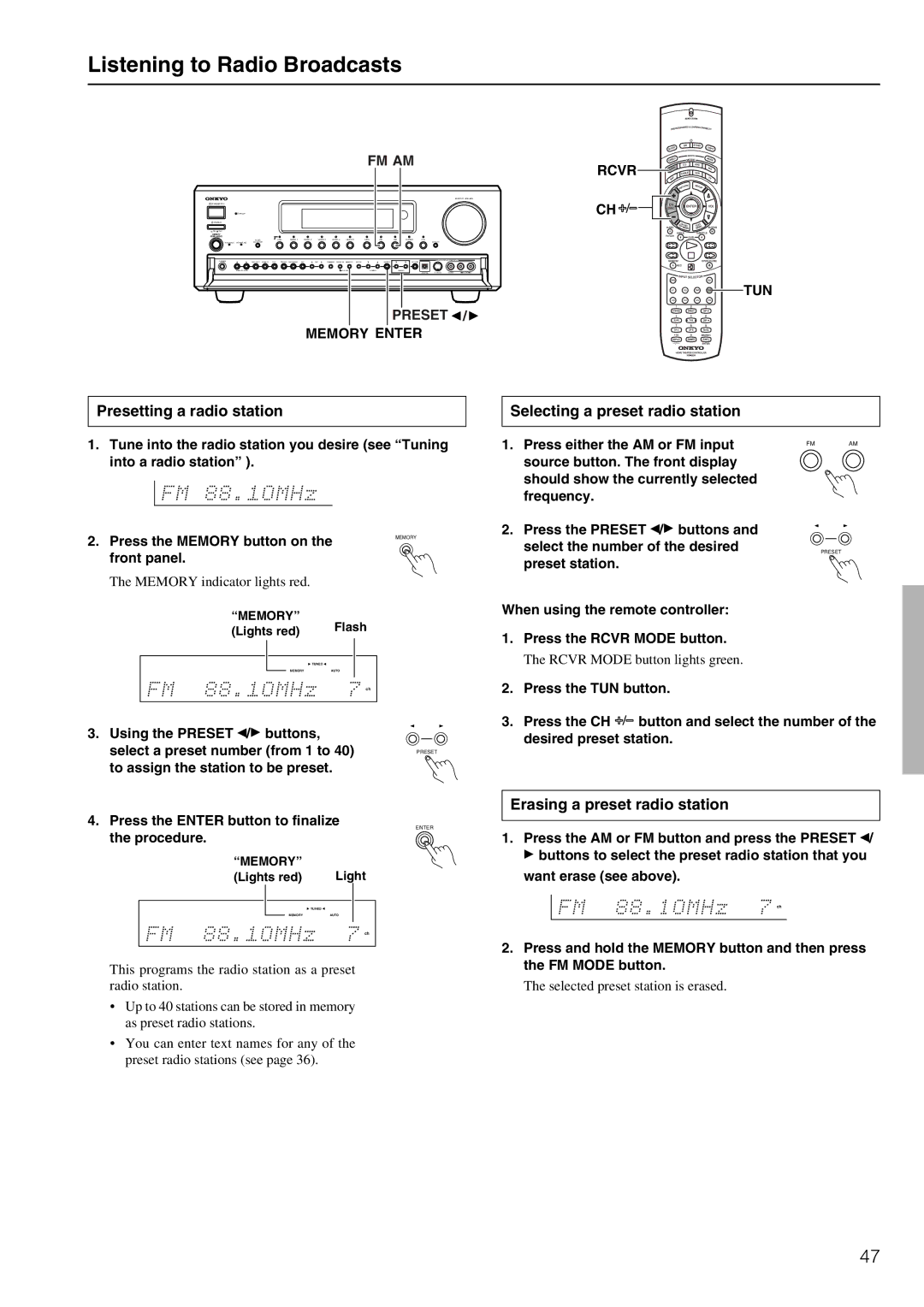 Onkyo TX-DS898 Listening to Radio Broadcasts, Presetting a radio station Selecting a preset radio station, Memory Enter 