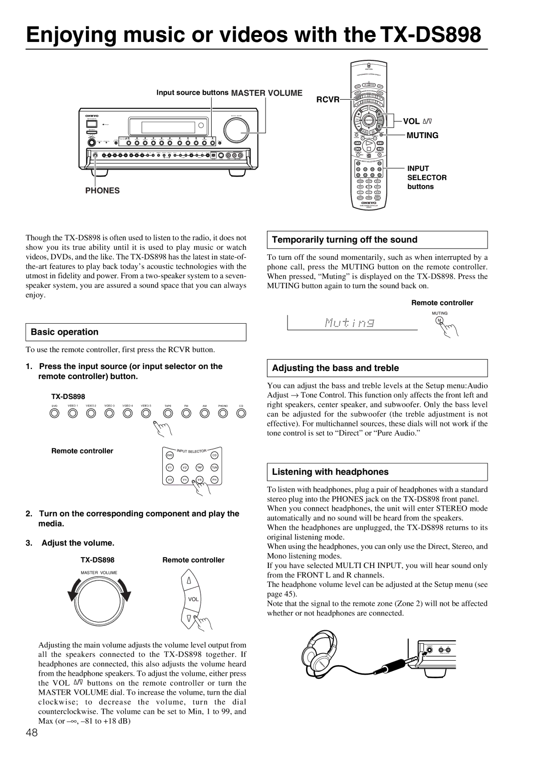 Onkyo instruction manual Enjoying music or videos with the TX-DS898, Temporarily turning off the sound, Basic operation 