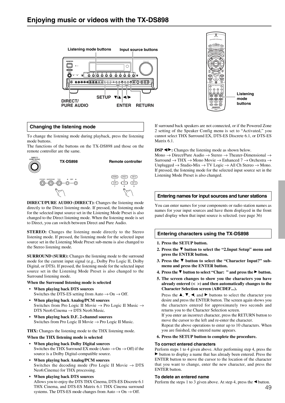 Onkyo Enjoying music or videos with the TX-DS898, Changing the listening mode, Entering characters using the TX-DS898 