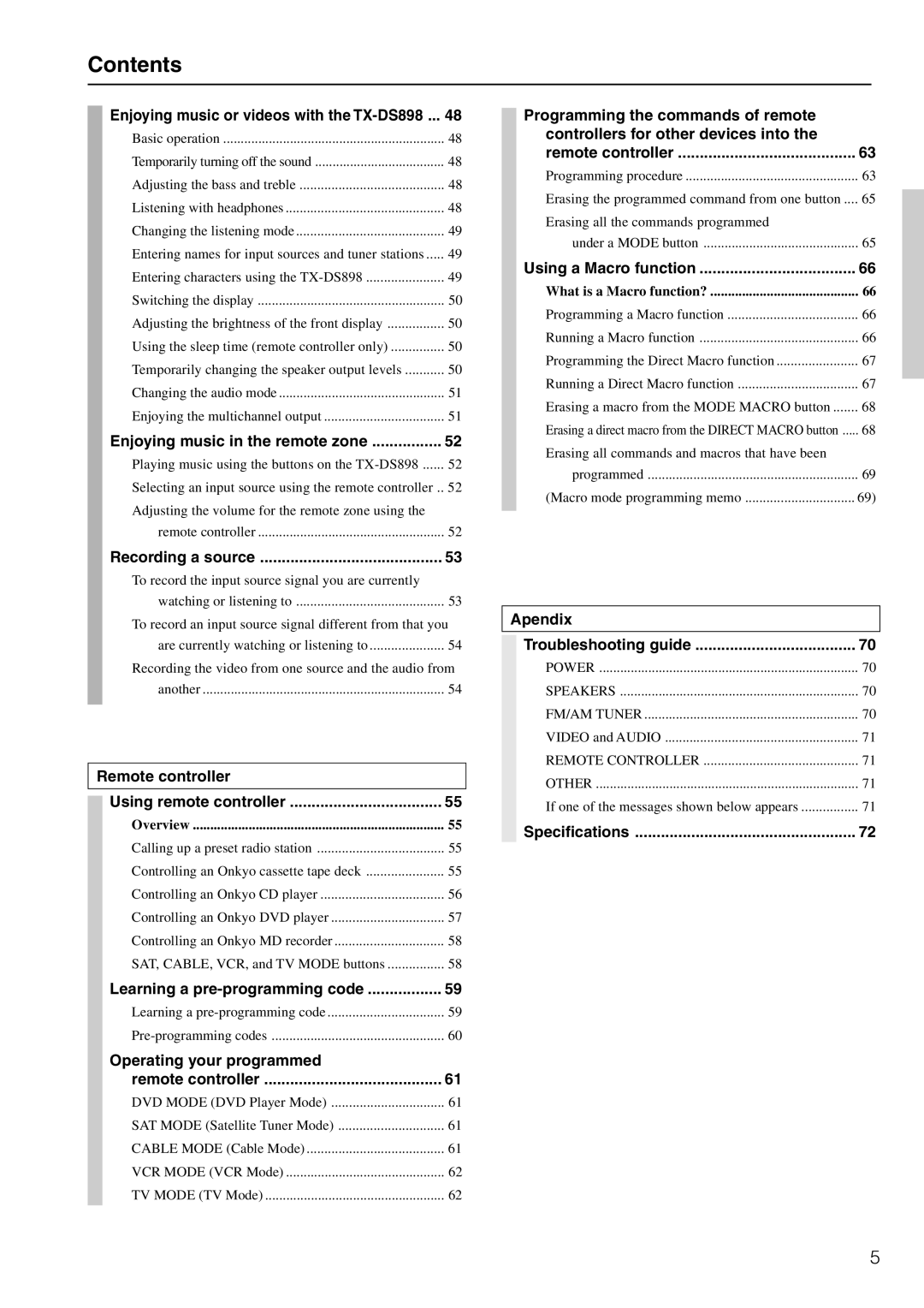 Onkyo TX-DS898 instruction manual Contents 