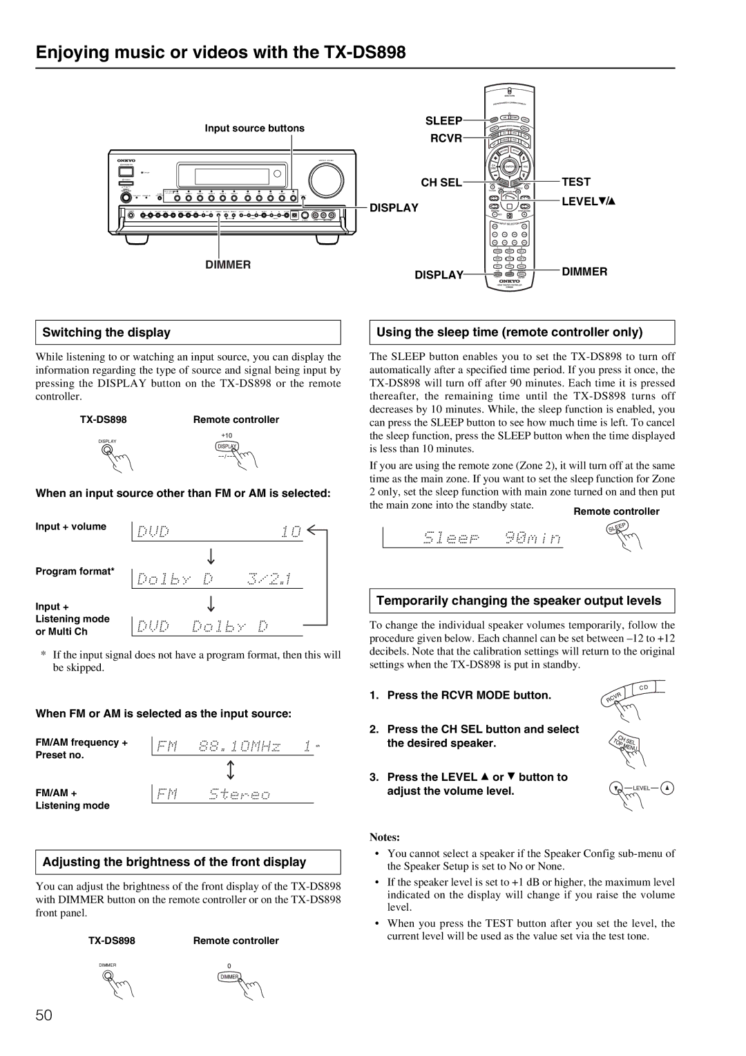 Onkyo TX-DS898 Switching the display, Adjusting the brightness of the front display, Display Level Dimmer Display Dimmer 