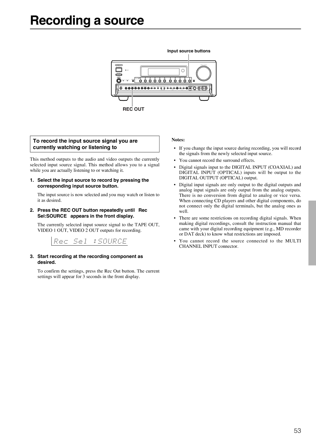 Onkyo TX-DS898 instruction manual Recording a source, Rec Out, Start recording at the recording component as desired 