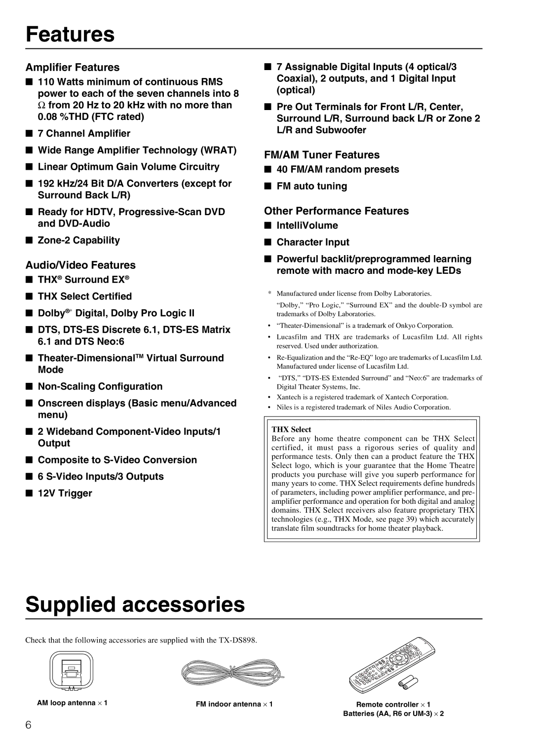 Onkyo TX-DS898 instruction manual Features, Supplied accessories 