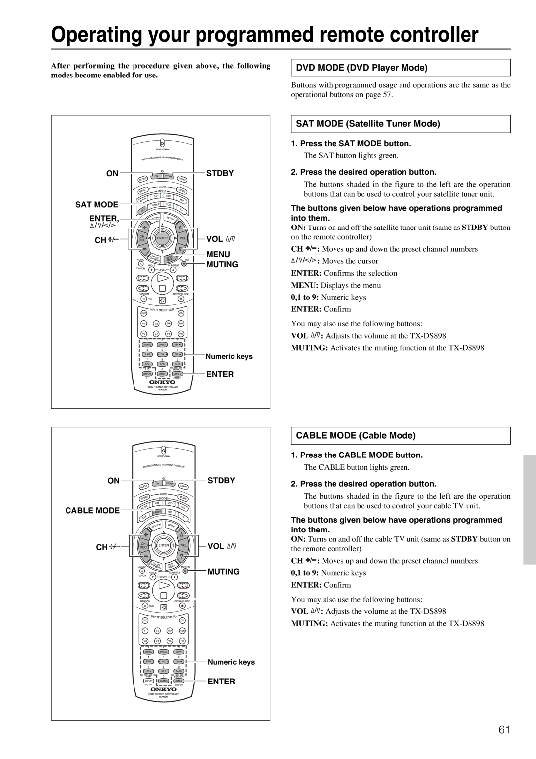 Onkyo TX-DS898 Operating your programmed remote controller, DVD Mode DVD Player Mode, SAT Mode Satellite Tuner Mode 