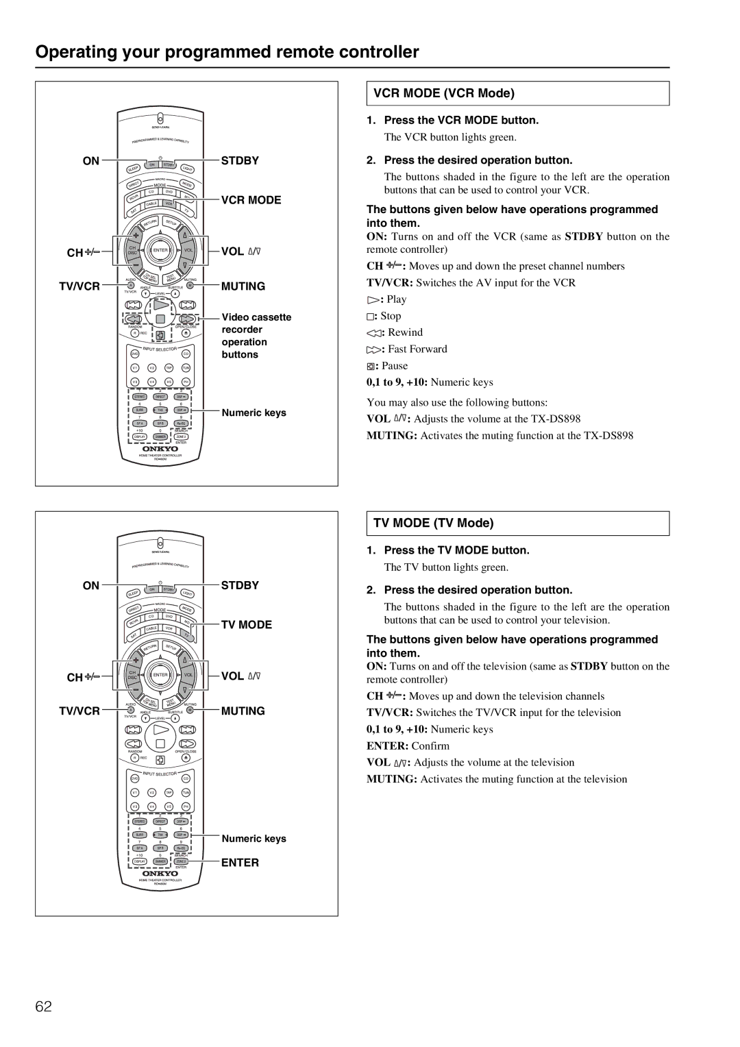 Onkyo TX-DS898 instruction manual Operating your programmed remote controller, VCR Mode VCR Mode, TV Mode TV Mode 