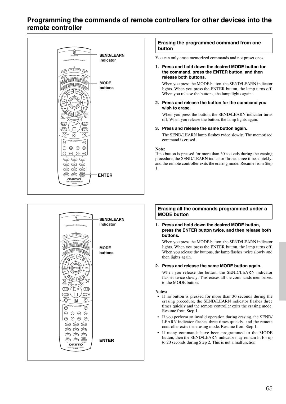 Onkyo TX-DS898 Erasing the programmed command from one button, Erasing all the commands programmed under a Mode button 