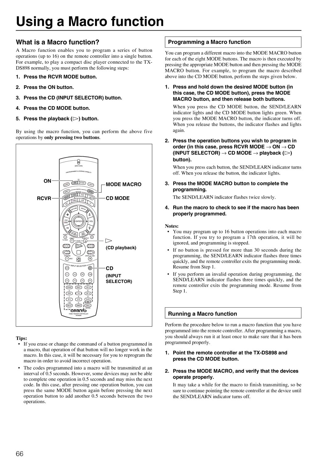 Onkyo TX-DS898 Using a Macro function, What is a Macro function?, Programming a Macro function, Running a Macro function 