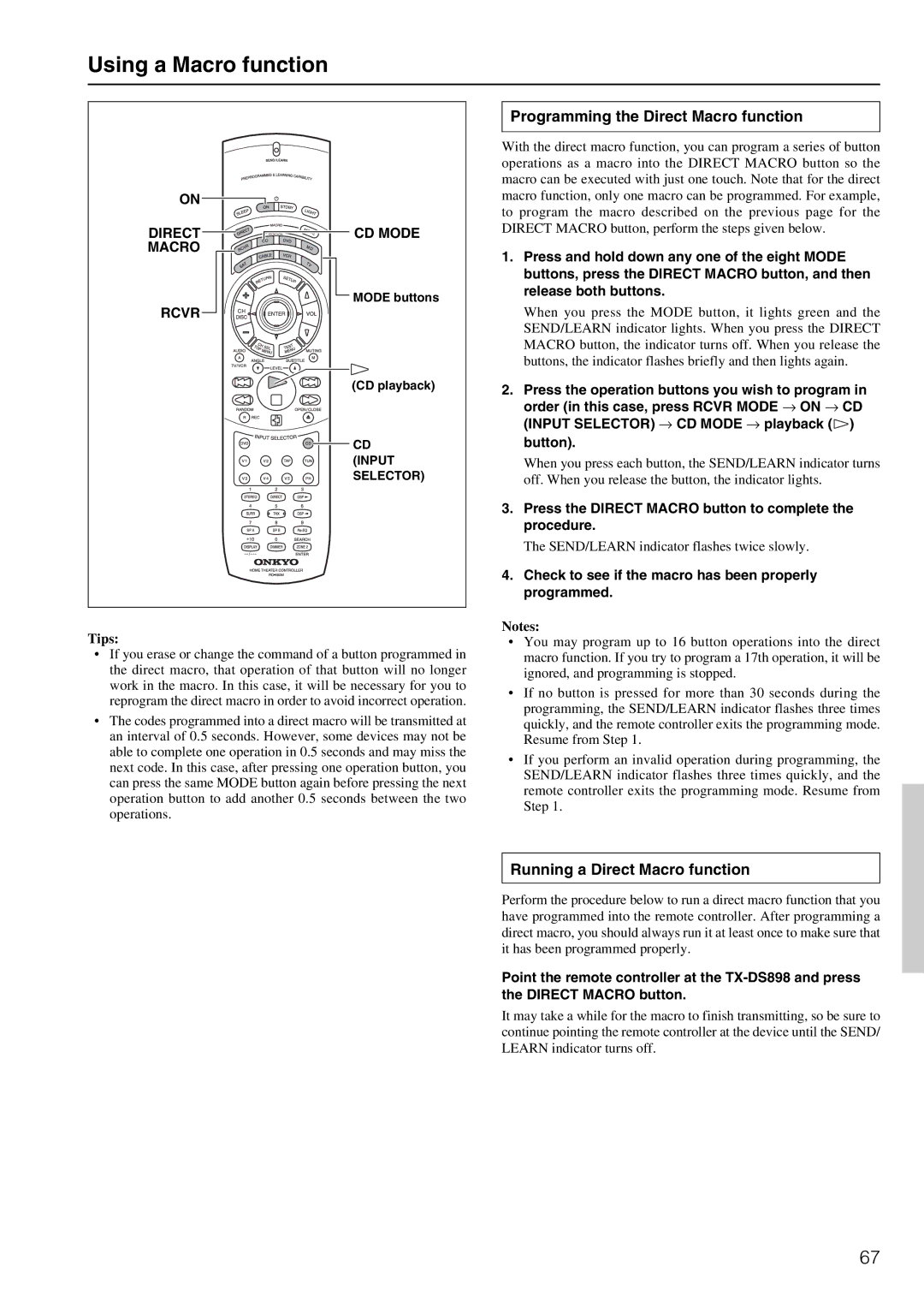 Onkyo TX-DS898 Using a Macro function, Programming the Direct Macro function, Running a Direct Macro function 