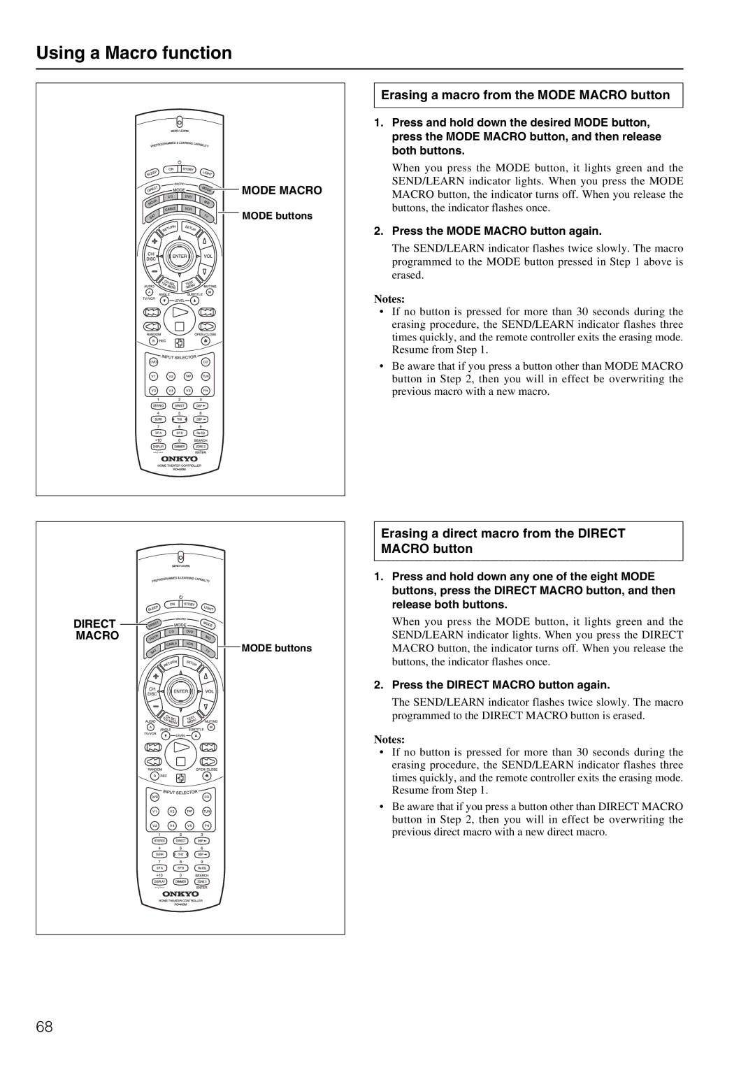 Onkyo TX-DS898 Erasing a macro from the Mode Macro button, Erasing a direct macro from the Direct Macro button 