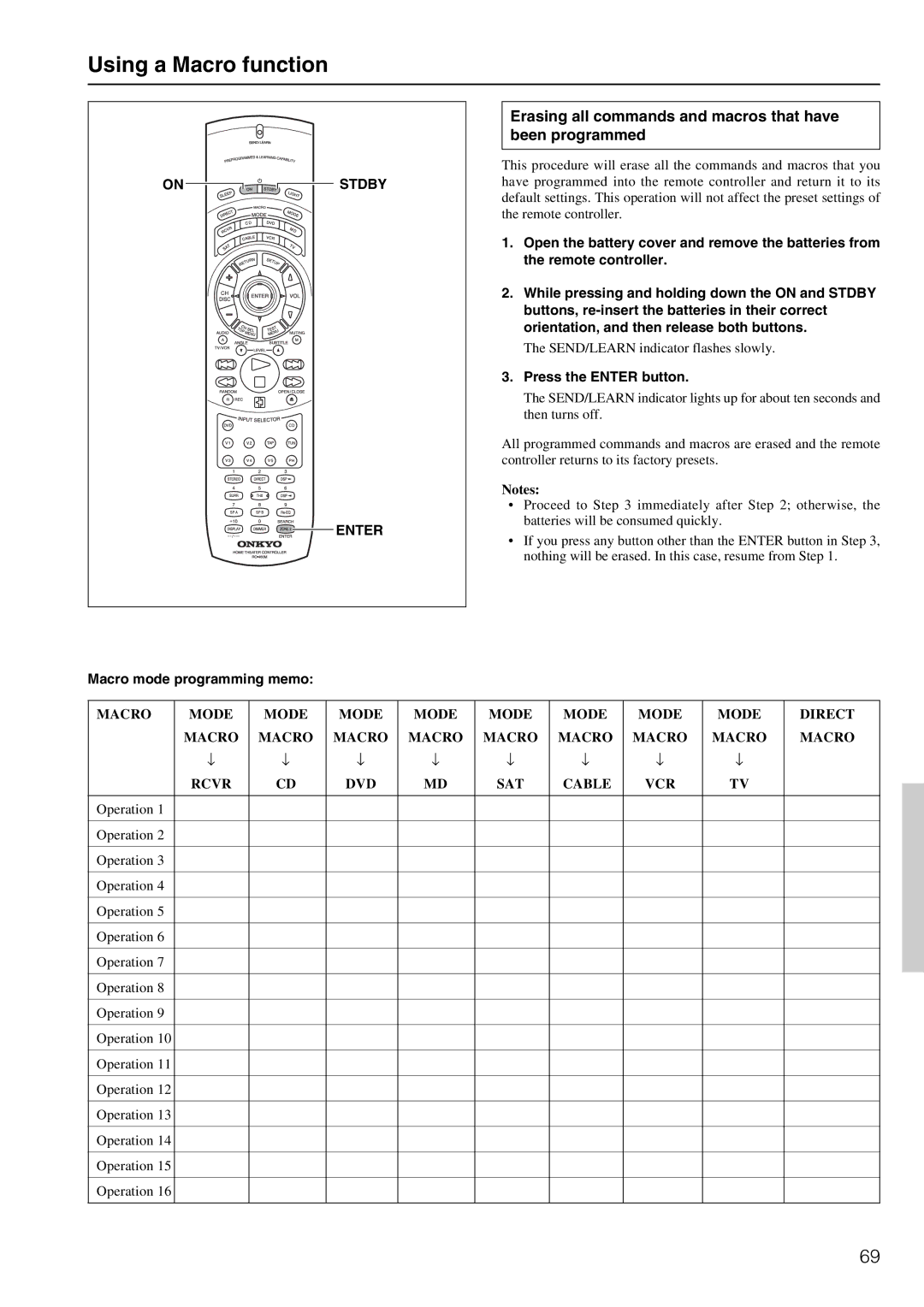 Onkyo TX-DS898 Erasing all commands and macros that have been programmed, On Stdby Enter, Macro mode programming memo 