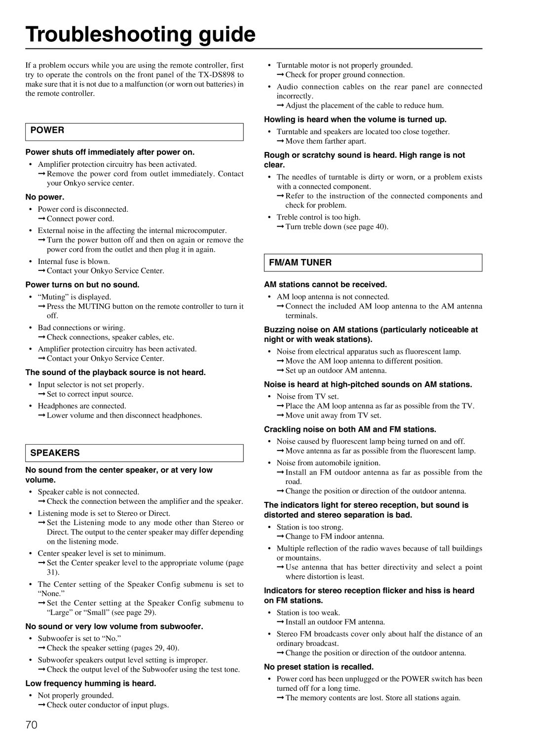 Onkyo TX-DS898 instruction manual Troubleshooting guide 