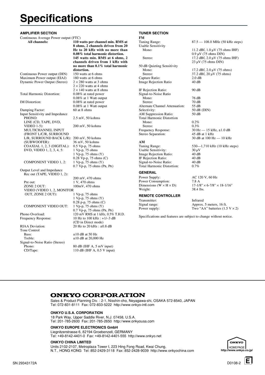 Onkyo TX-DS898 instruction manual Specifications, Amplifier Section 