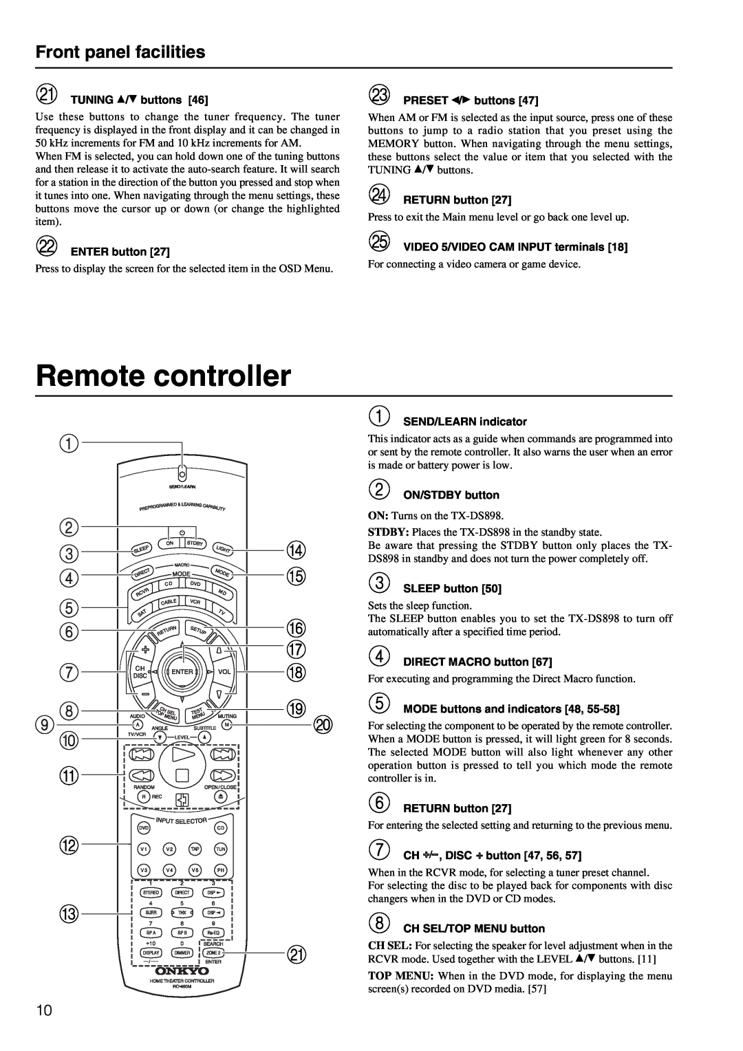 Onkyo TX-DS898 instruction manual Remote controller, Front panel facilities 