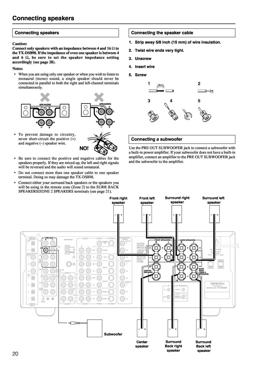 Onkyo TX-DS898 instruction manual Connecting speakers, Connecting the speaker cable, Connecting a subwoofer 