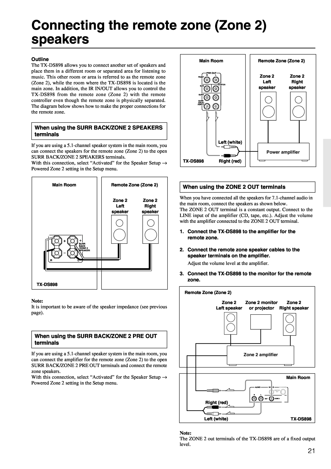 Onkyo TX-DS898 instruction manual Connecting the remote zone Zone 2 speakers, When using the ZONE 2 OUT terminals 