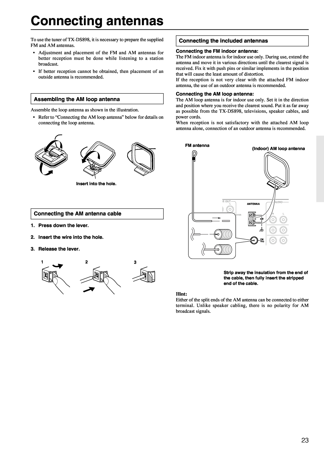 Onkyo TX-DS898 instruction manual Connecting antennas, Assembling the AM loop antenna, Connecting the included antennas 