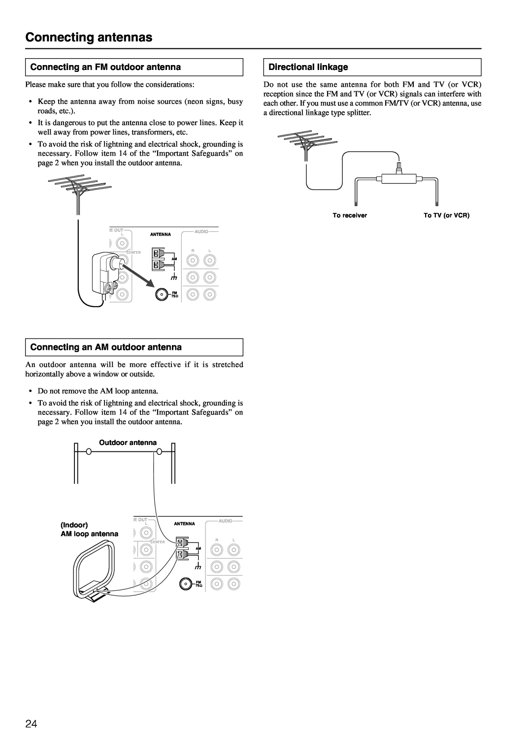 Onkyo TX-DS898 instruction manual Connecting antennas, Connecting an FM outdoor antenna, Directional linkage 