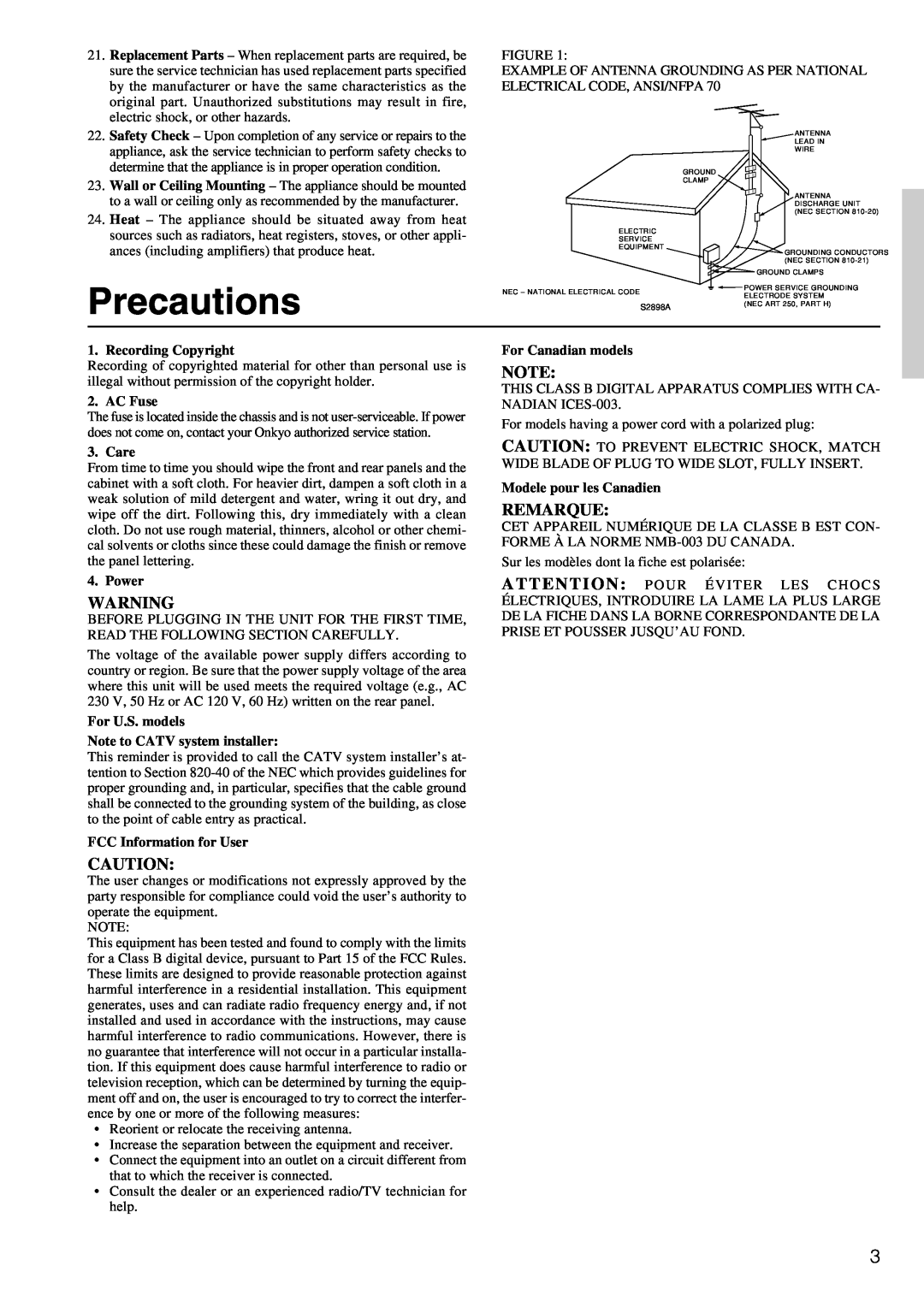 Onkyo TX-DS898 instruction manual Precautions, Remarque 