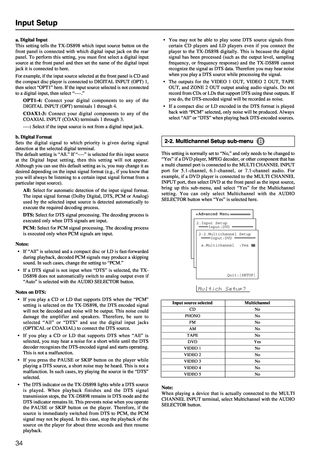 Onkyo TX-DS898 instruction manual Input Setup, Multichannel Setup sub-menu 