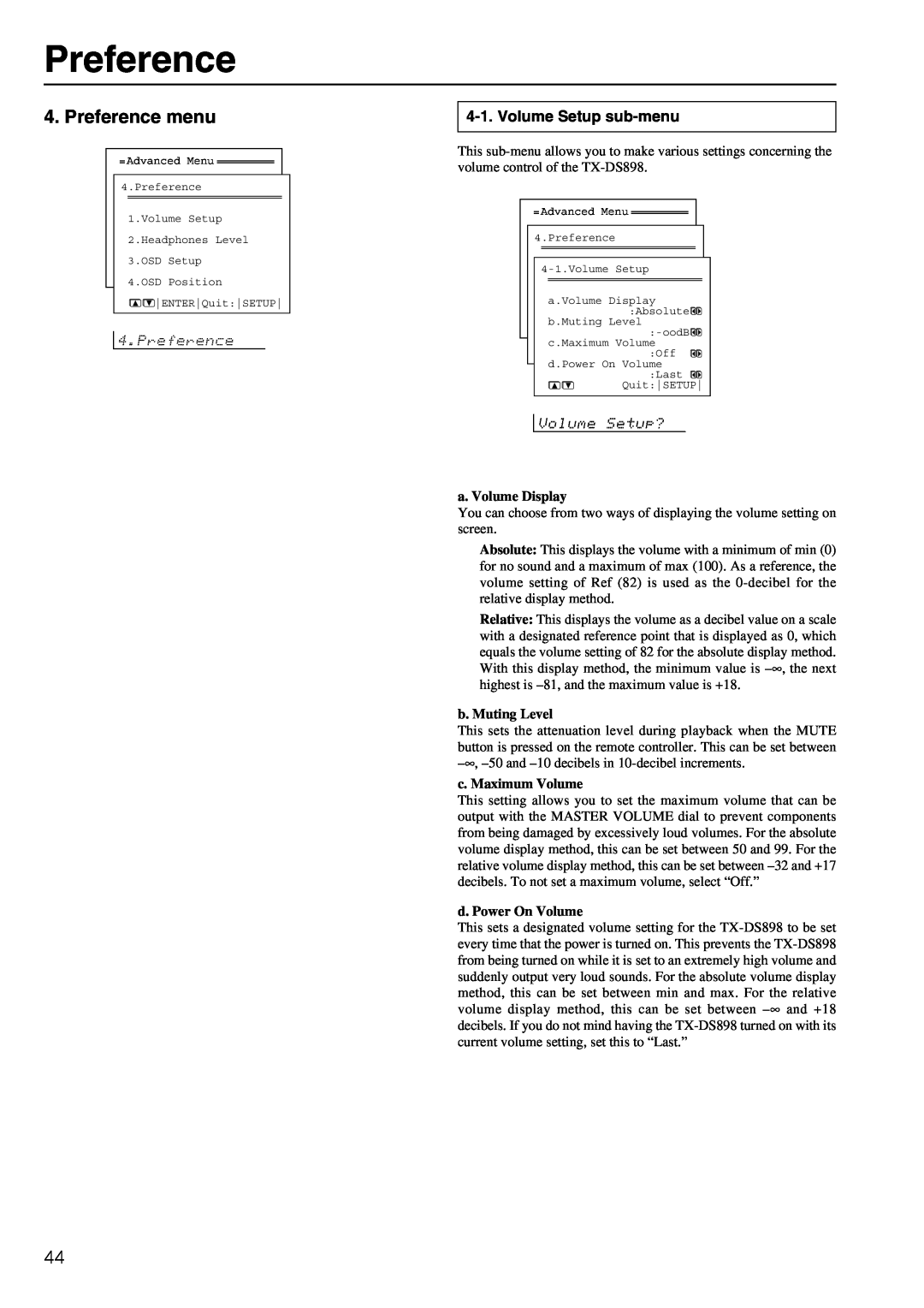 Onkyo TX-DS898 instruction manual Preference menu, Volume Setup sub-menu 