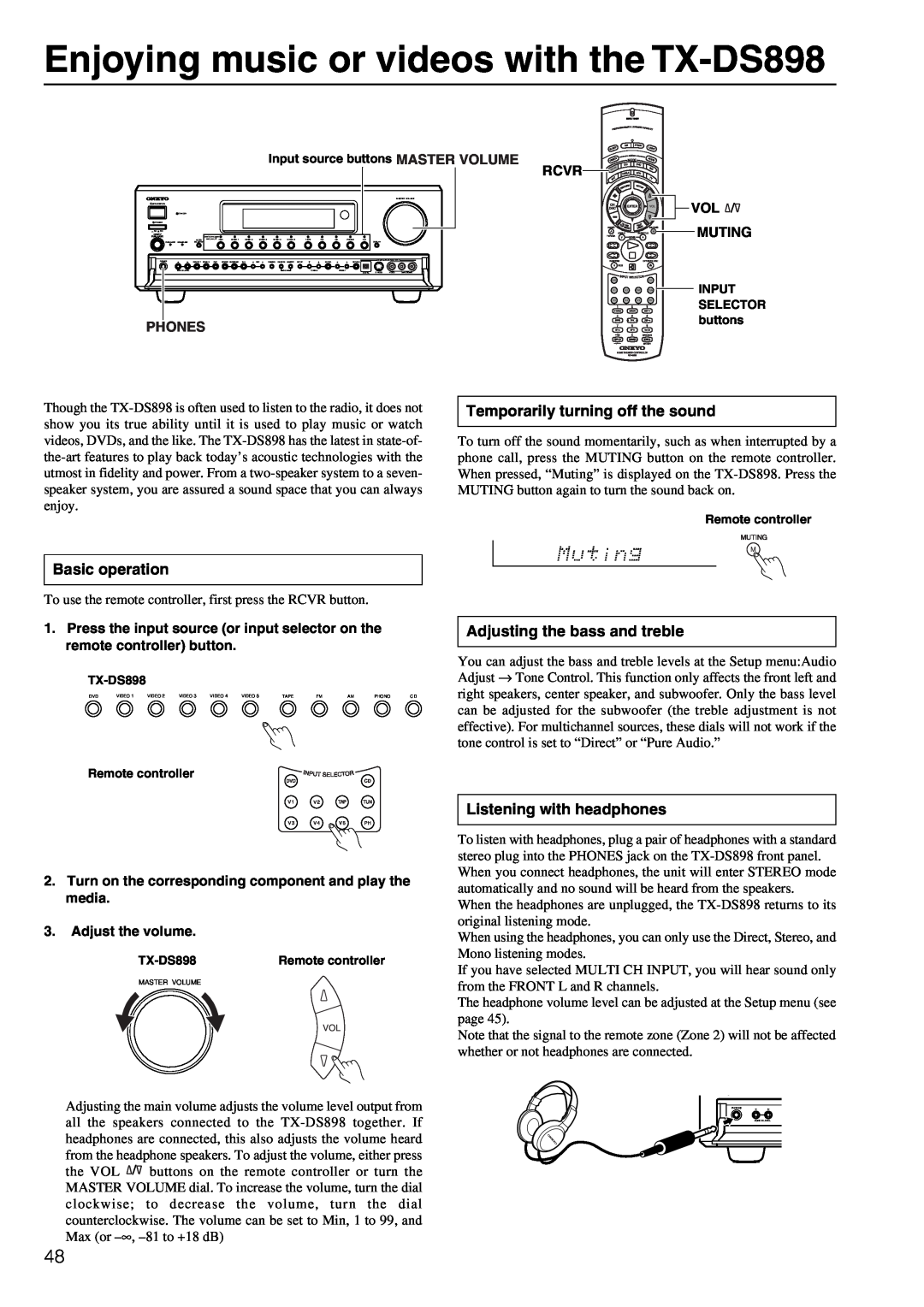 Onkyo instruction manual Enjoying music or videos with the TX-DS898, Temporarily turning off the sound, Basic operation 
